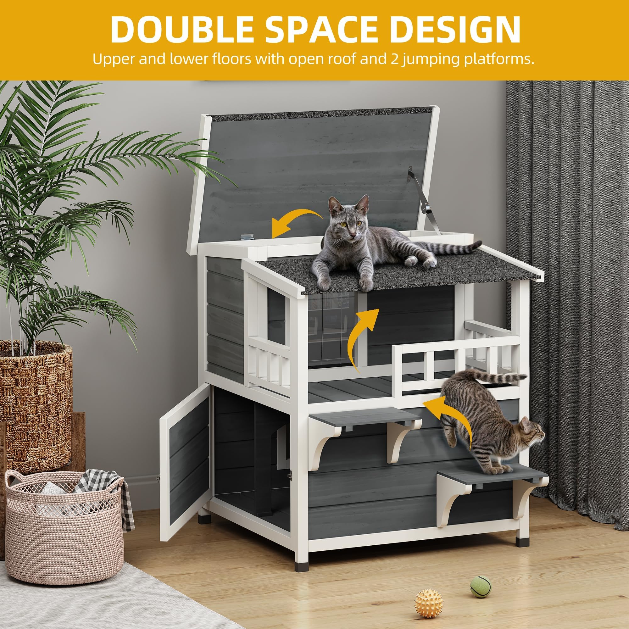 DWVO Large Two-Story Outdoor Cat House with Balcony for 2 Cats, Solid Wood Feral Cat Shelter Weatherproof with Escape Door & Openable Asphalt Roof, 2 Story Outside Cat Condo for Small Animals, Grey