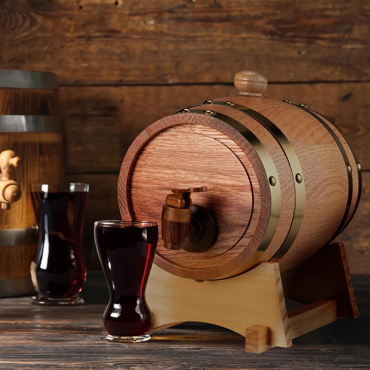 Relaxdays Schnapps, 1.25 litres, Oak Wood, Wooden Stand & Tap, Wine, Spirits, Whisky Barrel, Natural, 70% 20% Aluminium 10% Plastic, 1.25 L
