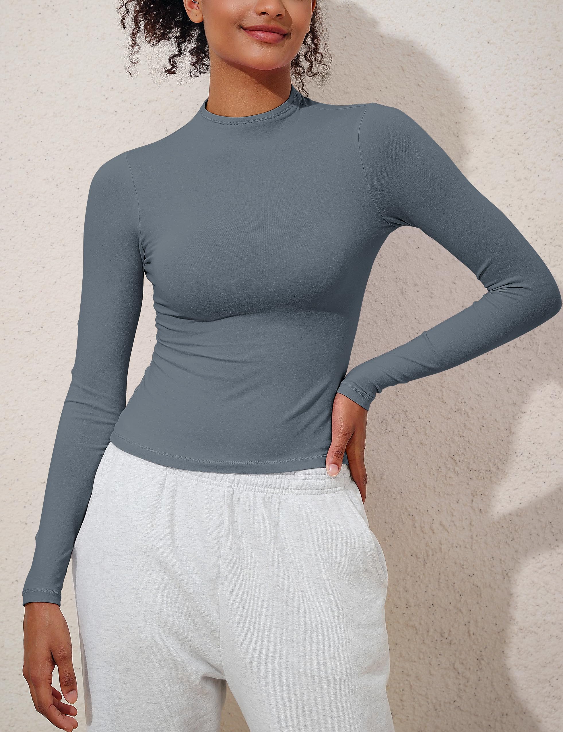 Hilor Camisetas de manga larga para mujer, básicas, de algodón, cuello alto, ajustadas, para salir, camisetas cortas Y2K