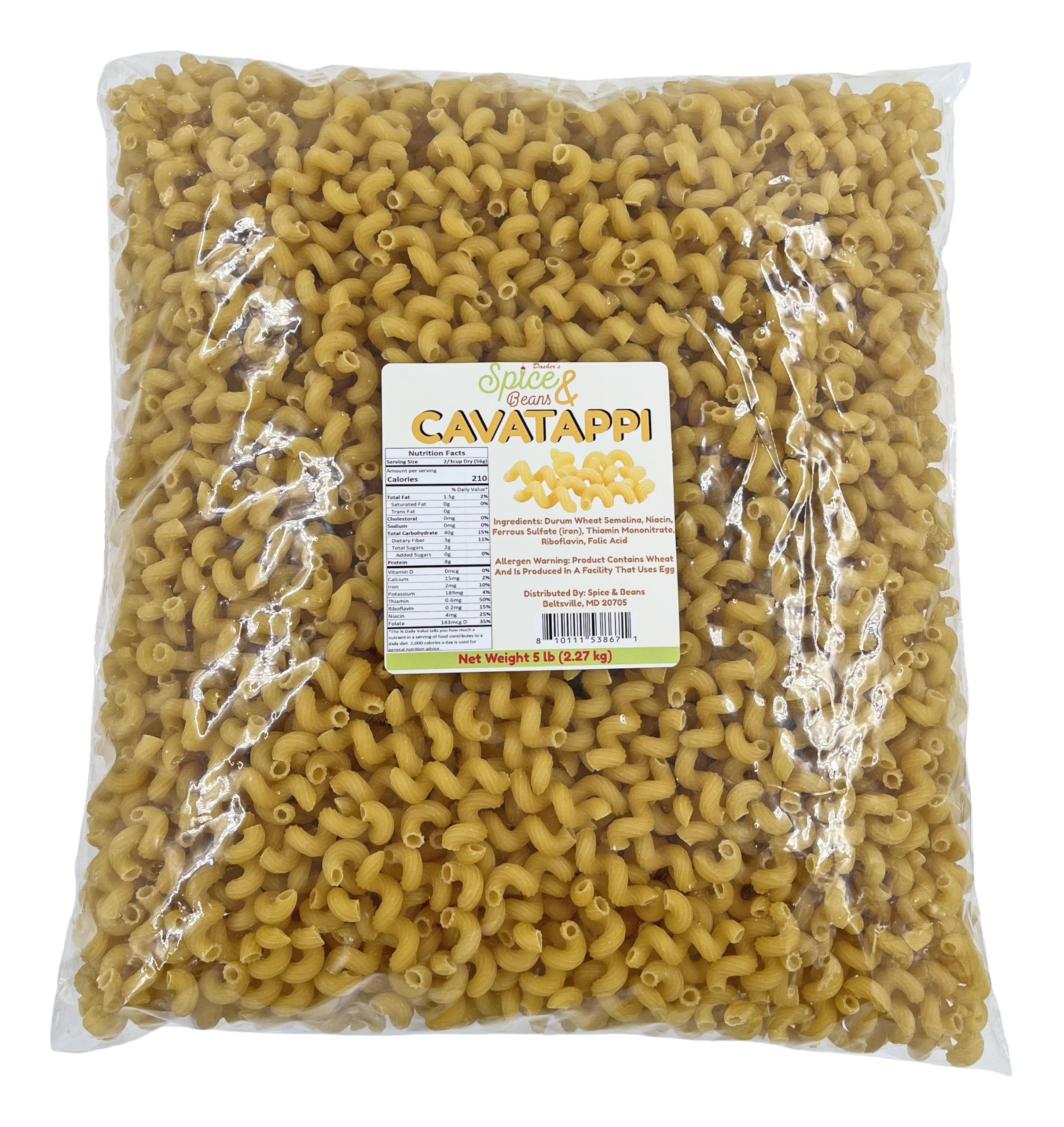 Cavatappi Pasta Noodles | 100% Durum Semolina Flour | by Dasher's Spice & Beans | 5 lb.