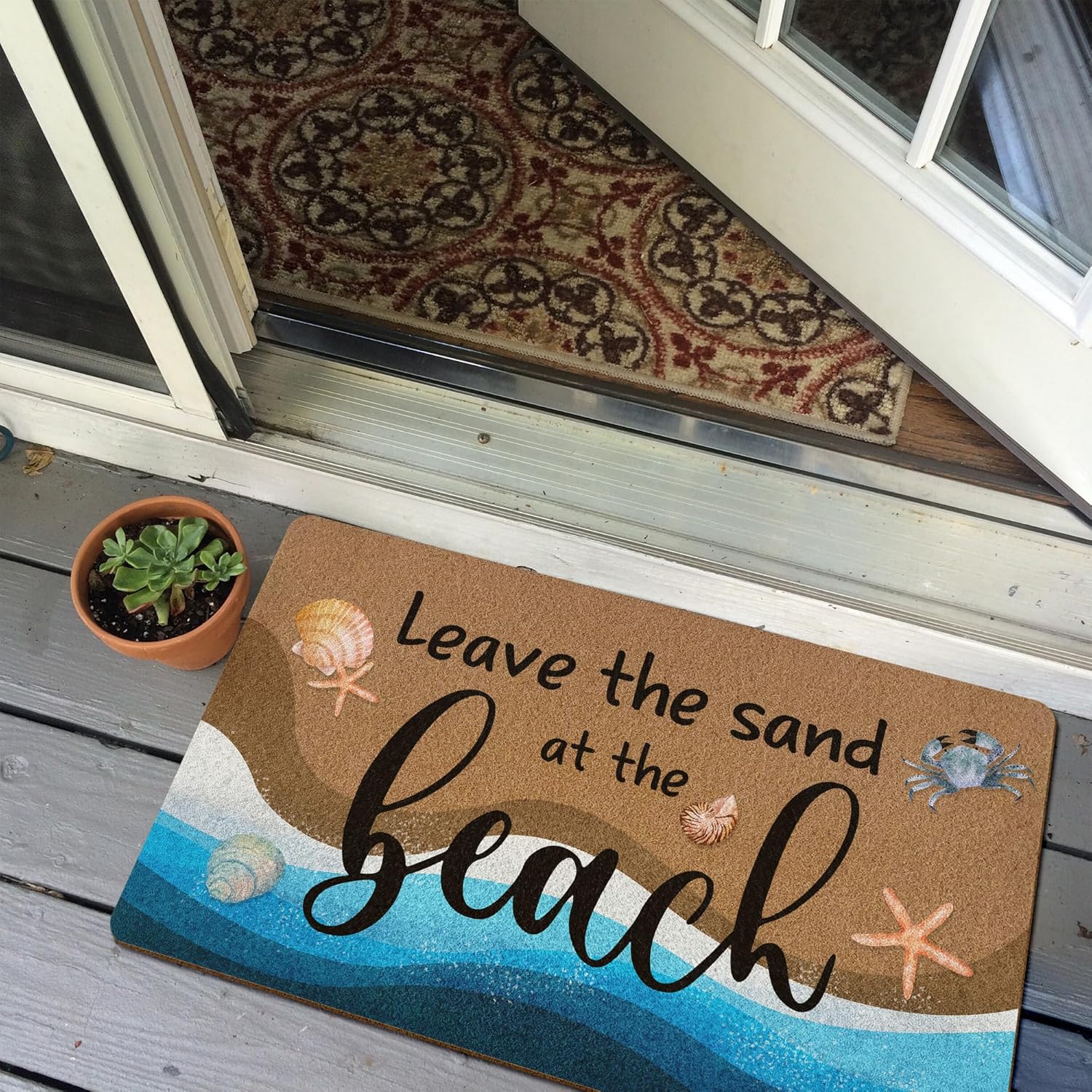 Beach Ocean Coastal Summer Door Mat,Leave The Sand at The Beach Welcome Front Door Mat Indoor Outdoor Entrance,Rustic Seashell Artificial Coir Doormat Rugs for Entry Beachy House Decor 30x17in