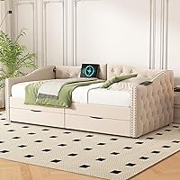 Harper & Bright Designs Beige Twin Daybed with Storage Drawers & USB Ports - Upholstered Wood Frame, No Box Spring Needed