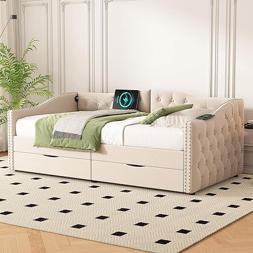 Harper & Bright Designs Twin Size Daybed with Storage Drawers, Upholstered Daybed with USB Ports, Wood Frame Daybed for Bedroom, Wood Slat Support, No Box Spring Needed, Beige