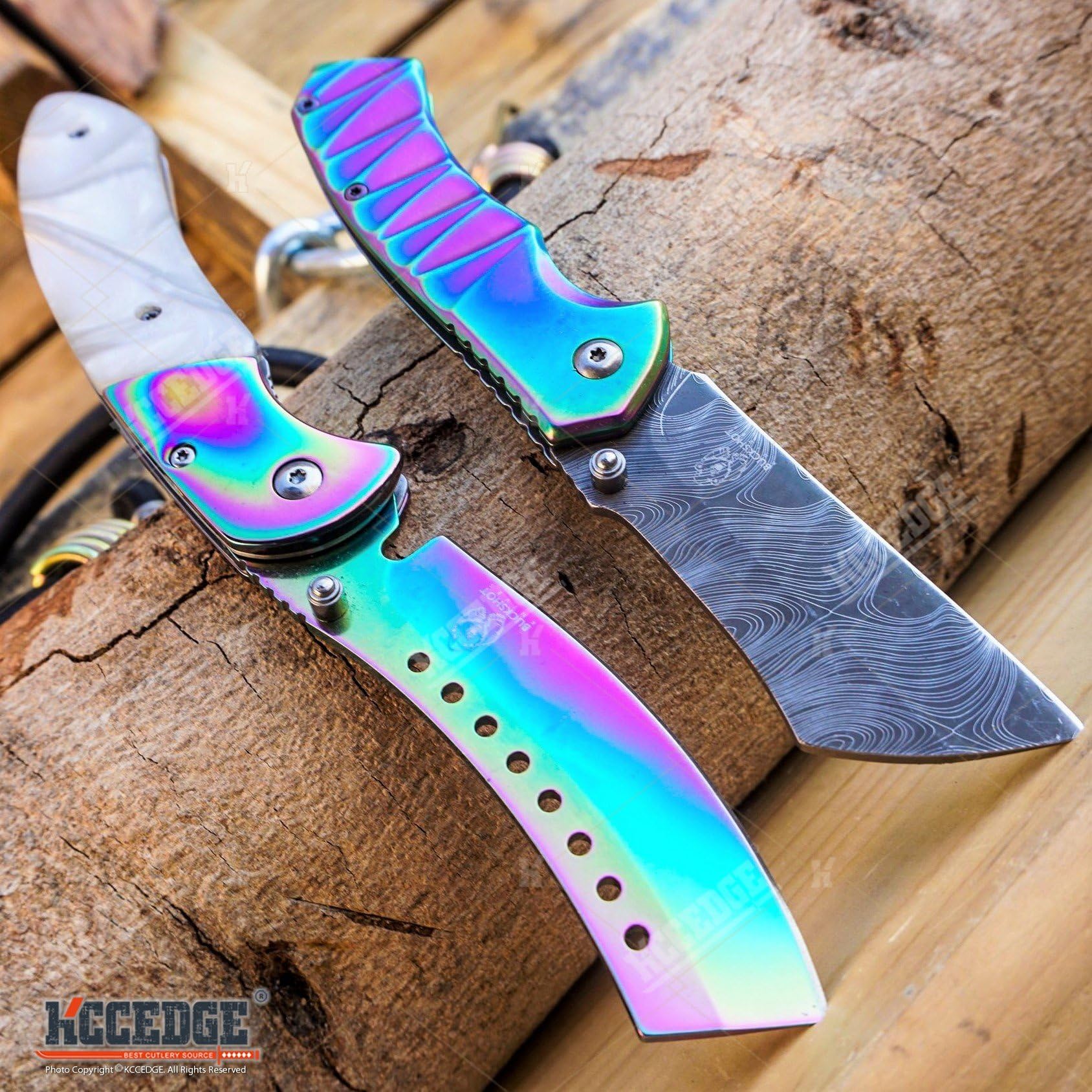 Little Cleaver Combo 2 PC CAMPING HUNTING Miniature 6.5" CLEAVER + 8" SHAVER Style Cleaver BUCKSHOT RAZOR Blade Assisted Open Folding Pocket Knives Gift Set (Combo 4)