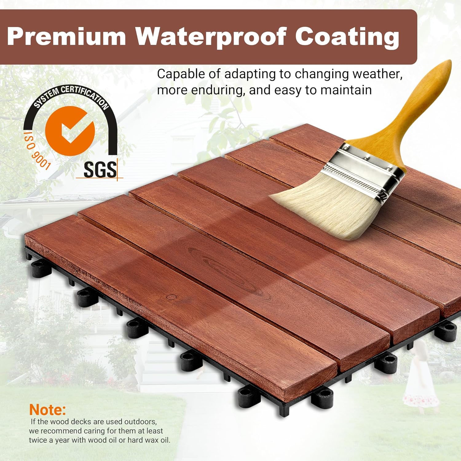 PrimeZone 27 PCS Solid Acacia Wood Interlocking Deck Tiles - 12" x 12" Waterproof Indoor Outdoor Patio Flooring Decking Tiles for Balcony, Backyard & Poolside, All Weather Use, Brown