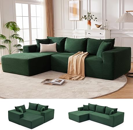 110” Cloud Sectional Couch, Modular Sectional Sofa for Living Room, Boneless Sofa with Deep Seat, Comfy Fluffy Couch with L-Shaped Chaise, No Assembly Required (Left-Facing Chaise, Green)
