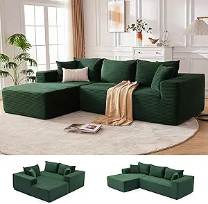 110” Cloud Sectional Couch, Modular Sectional Sofa for Living Room, Boneless Sofa with Deep Seat, Comfy Fluffy Couch with L-Shaped Chaise, No Assembly Required (Left-Facing Chaise, Green)