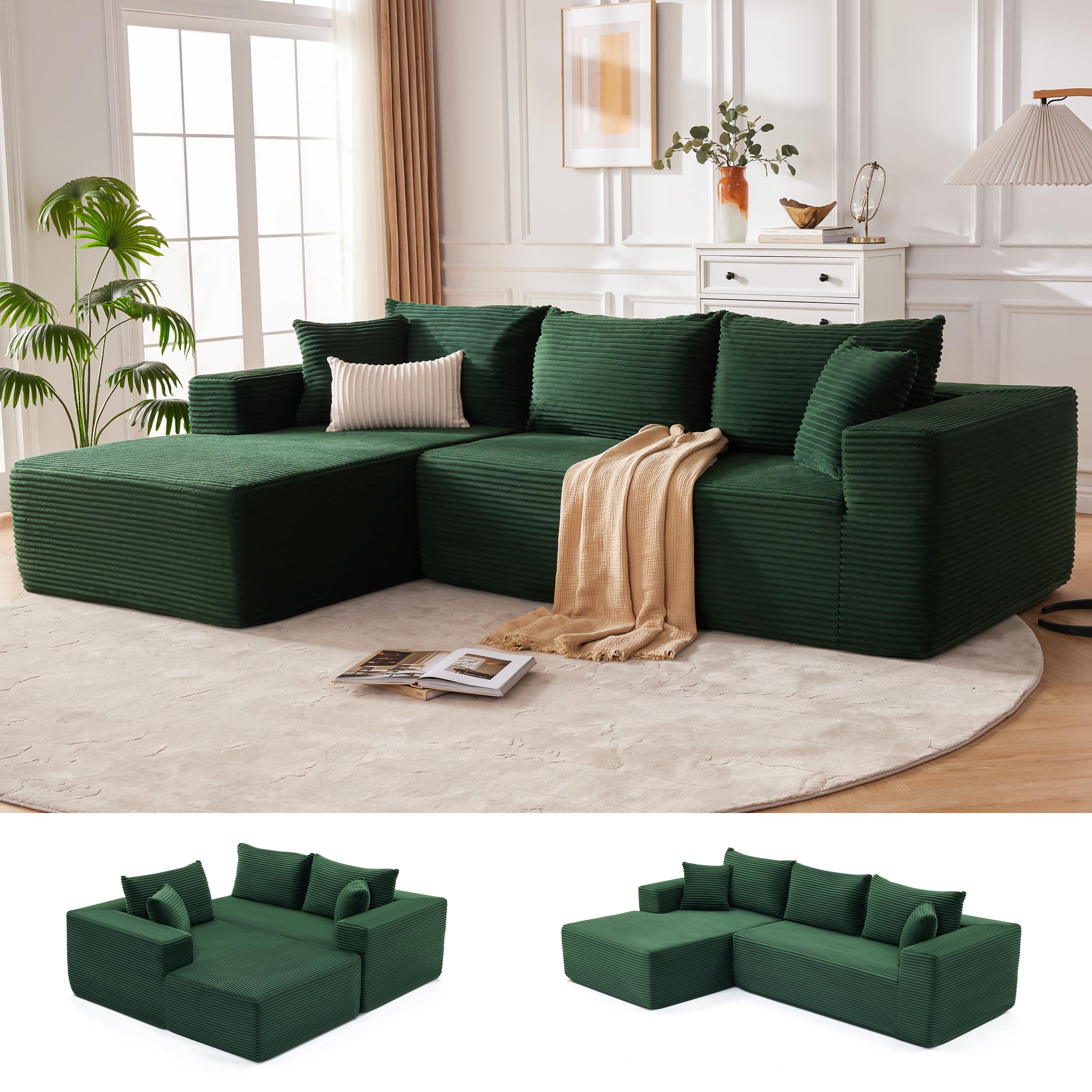 Mangodan 110” Boneless Couch, Cloud Sectional Sofa for Living Room, Green