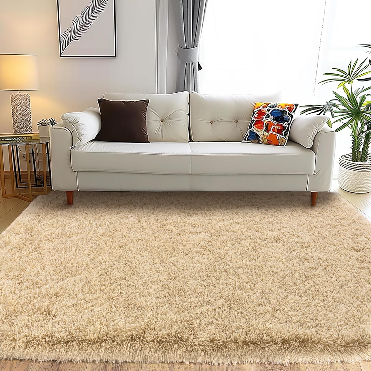 KING DARE Beige Rug for Bedroom 4x6, Fluffy Shaggy Washable Floor Area Rug, Fuzzy Furry Non-Slip Soft Plush Carpet for Living Room Playroom Kids Room Modern Aesthetic Decor