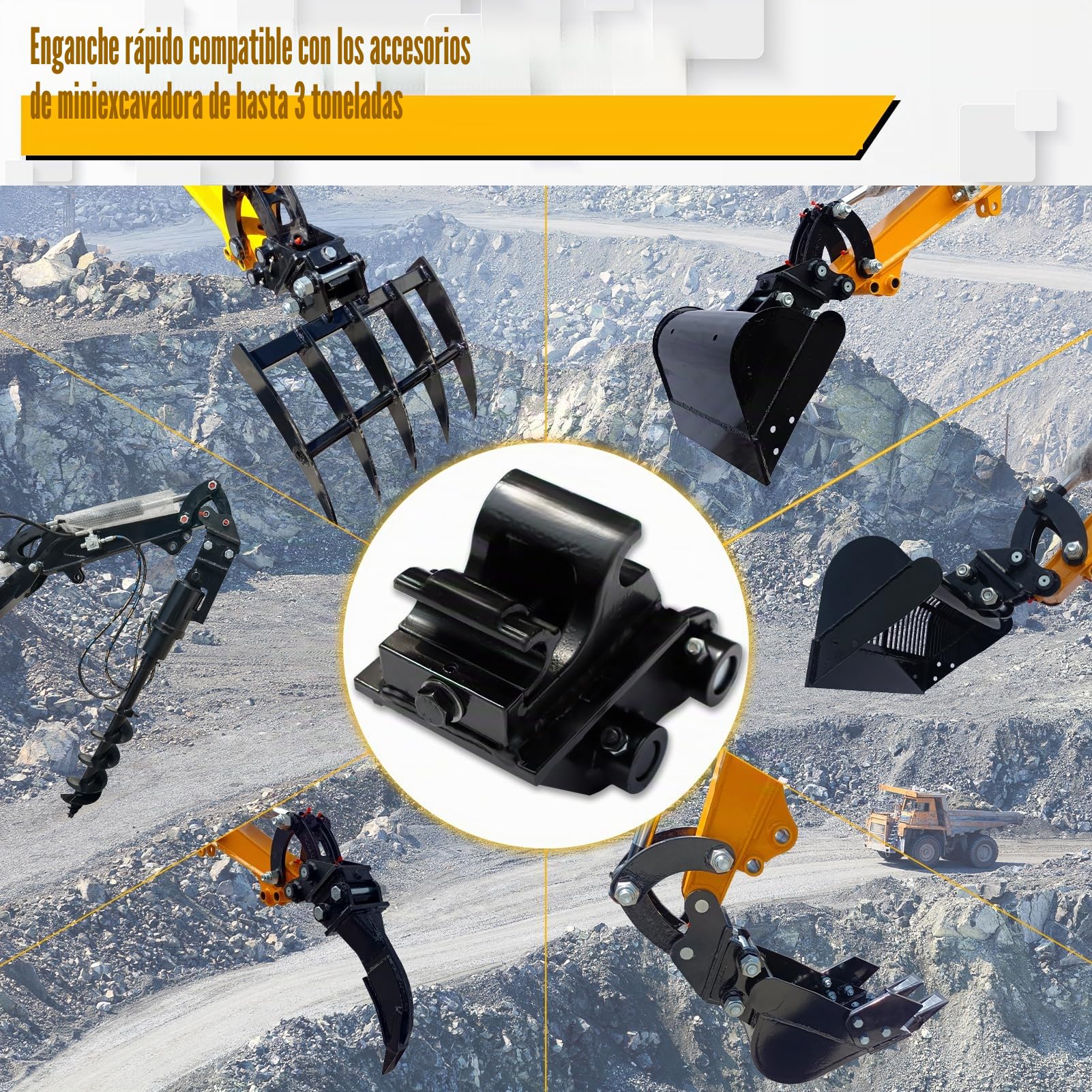 Enganche rápido mecánico para mini excavadora 0,8–1,8 t, Ø25 mm | Ancho 93 mm, entrecentros 85 mm, acero al manganeso antidesgaste, para cazo/rastrillo/escarificador, tolerancia 1–3 mm