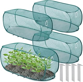 Threehoney 4 Pcs 45'' x 20'' x 18'' Pop up Garden Mesh Plant Cover Outdoor Plant Protector Garden Row Raised Bed Cover with Ground Nails Crop Cage Net for Seedlings Vegetable Fruit Herbs (Dark Green)