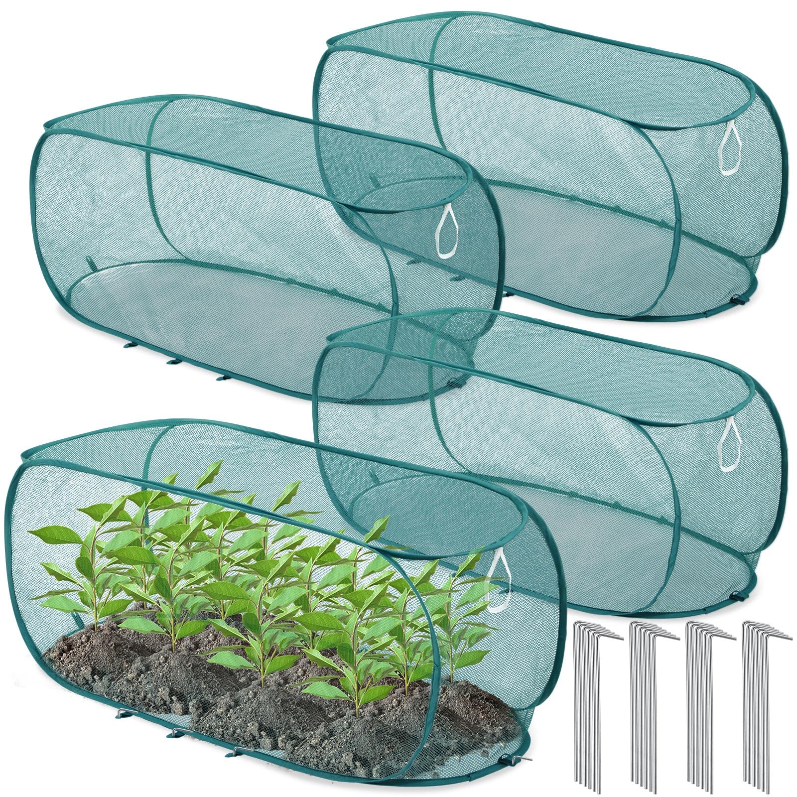 Photo 1 of Threehoney 4 Pcs 45'' x 20'' x 18'' Pop up Garden Mesh Plant Cover Outdoor Plant Protector Garden Row Raised Bed Cover with Ground Nails Crop Cage Net for Seedlings Vegetable Fruit Herbs (Dark Green)