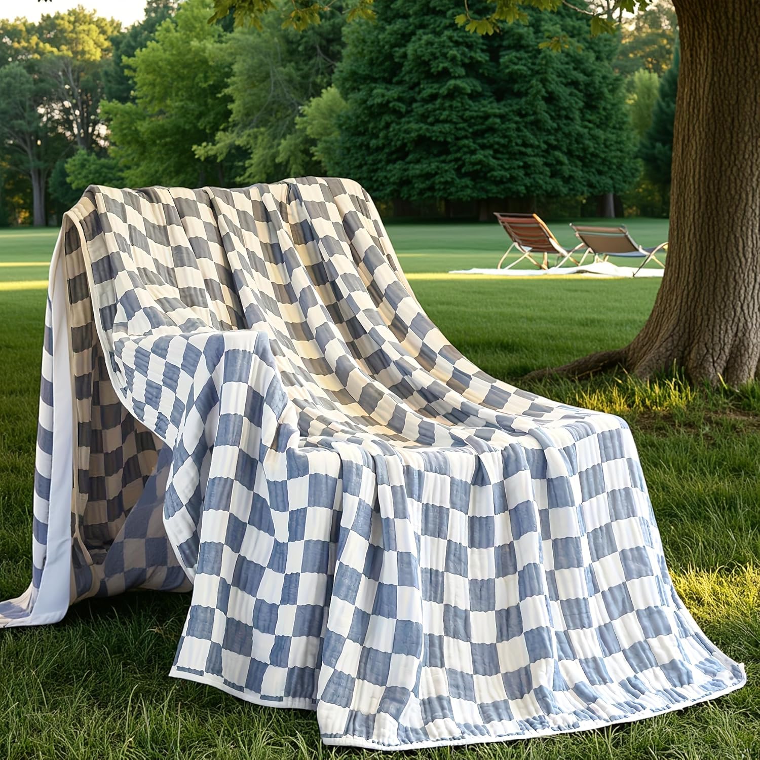 NIDITW Navy Blue Checkered Muslin Throw Blanket for Adult Breathable 6-Layer 100% Cotton Blanket 50x60 Inches Soft Lightweight Cooling Gauze Throw All Season for Bed Sofa (Navy Blue, Throw) - Image 2