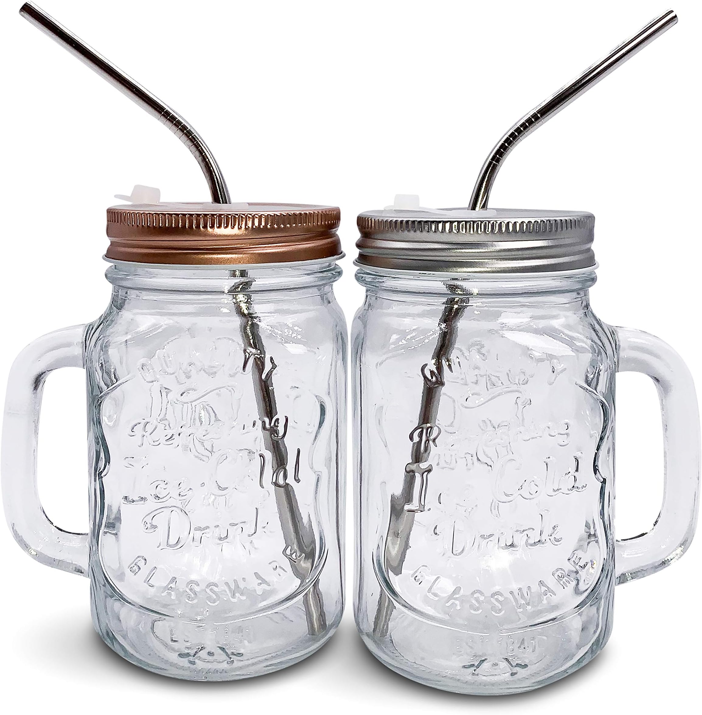 Mason Jar Mugs with Handle, Regular Mouth Colorful Lids with 2 Reusable Stainless Steel Straw, Set of 2 (Silver and Rose Gold), Kitchen GLASS 16 oz Jars,"Refreshing Ice Cold Drink" & Dishwasher Safe