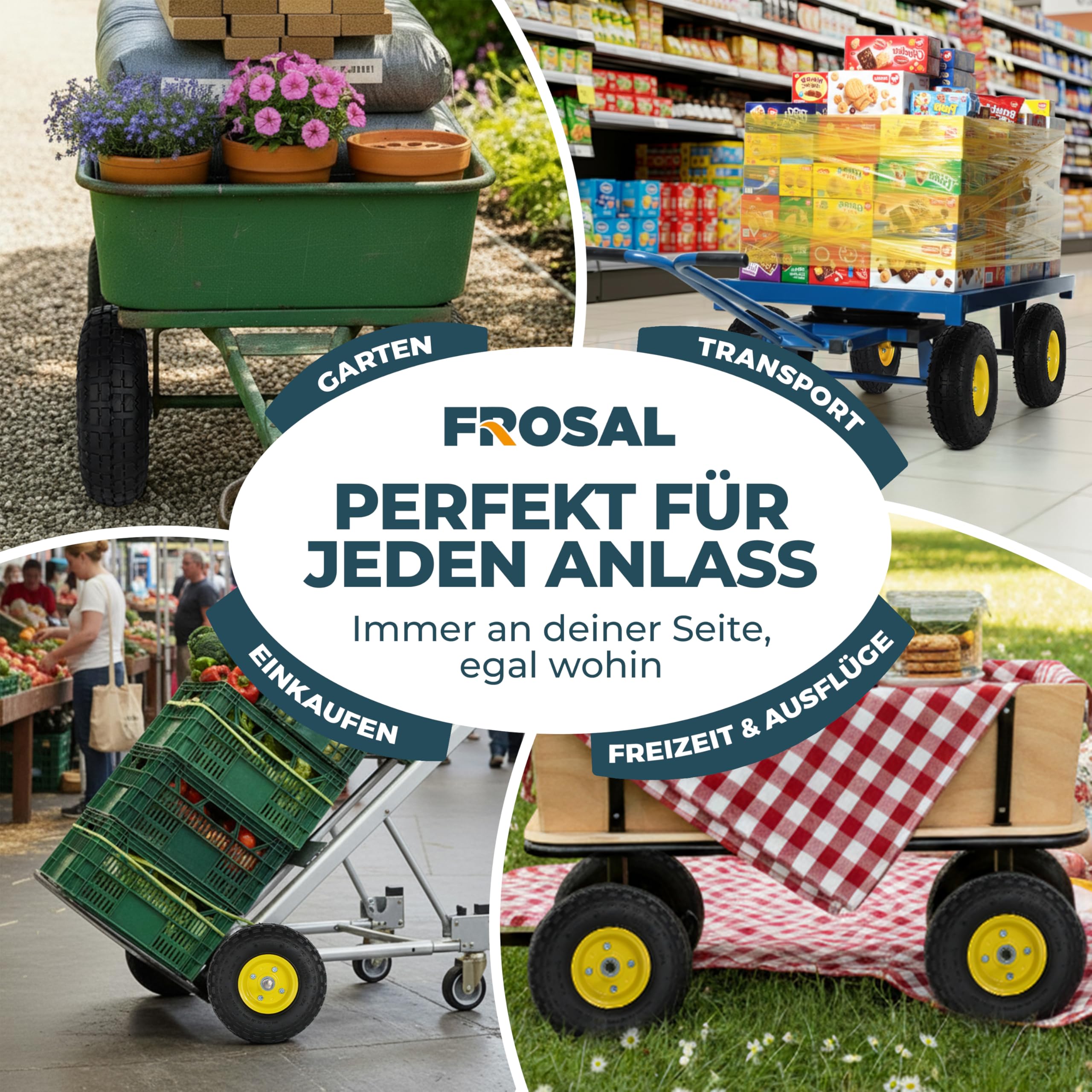 FROSAL PU-Ersatzräder 4.10/3.50–4 – 4er-Set – pannensichere Räder mit Stahlfelge – Vollgummi-Bereifung – Ø 260 × 85 mm – Achsdurchmesser 16 mm, Nabenlänge 55 mm – für Sackkarre & Bollerwagen