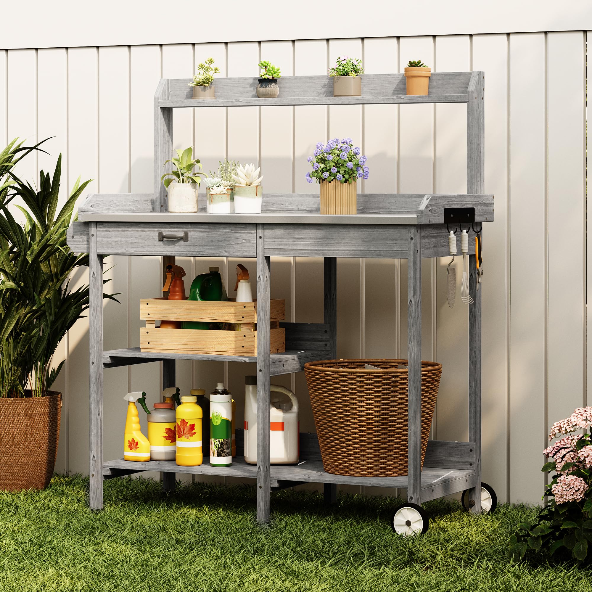 Xbro Table de Rempotage Mobile en Bois, Grand Espace de Rangement avec Tiroir, Étagères et Crochets, Plateau en Métal Galvanisé, Idéale pour Balcon, Terrasse et Jardin, 112 x 43 x 121 cm, Gris