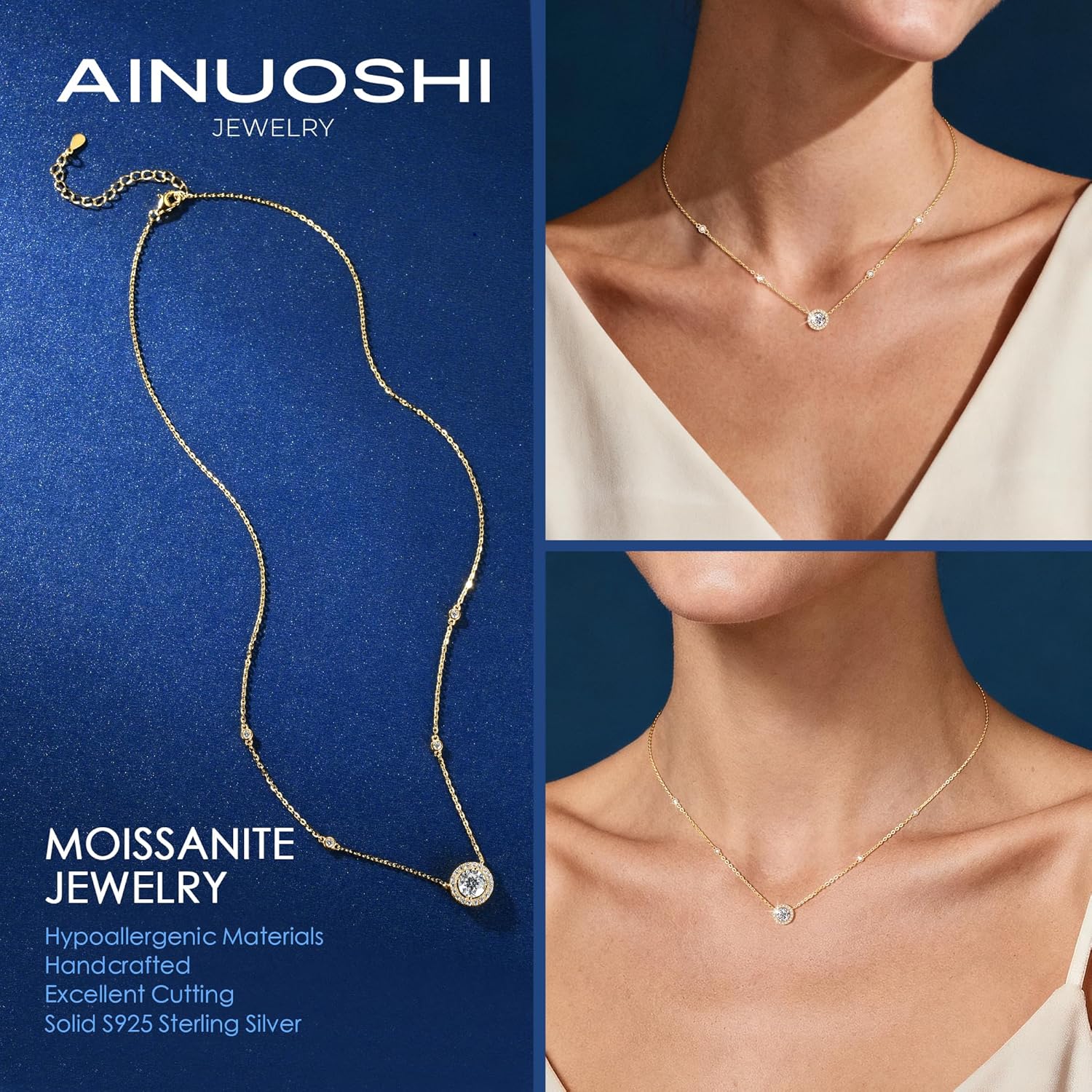 AINUOSHI Dainty 1 Carat Moissanite Station Necklace, 18K Gold Plated Sterling Silver Imitation Diamond Pendant, Hola Pendant for Women - Image 3