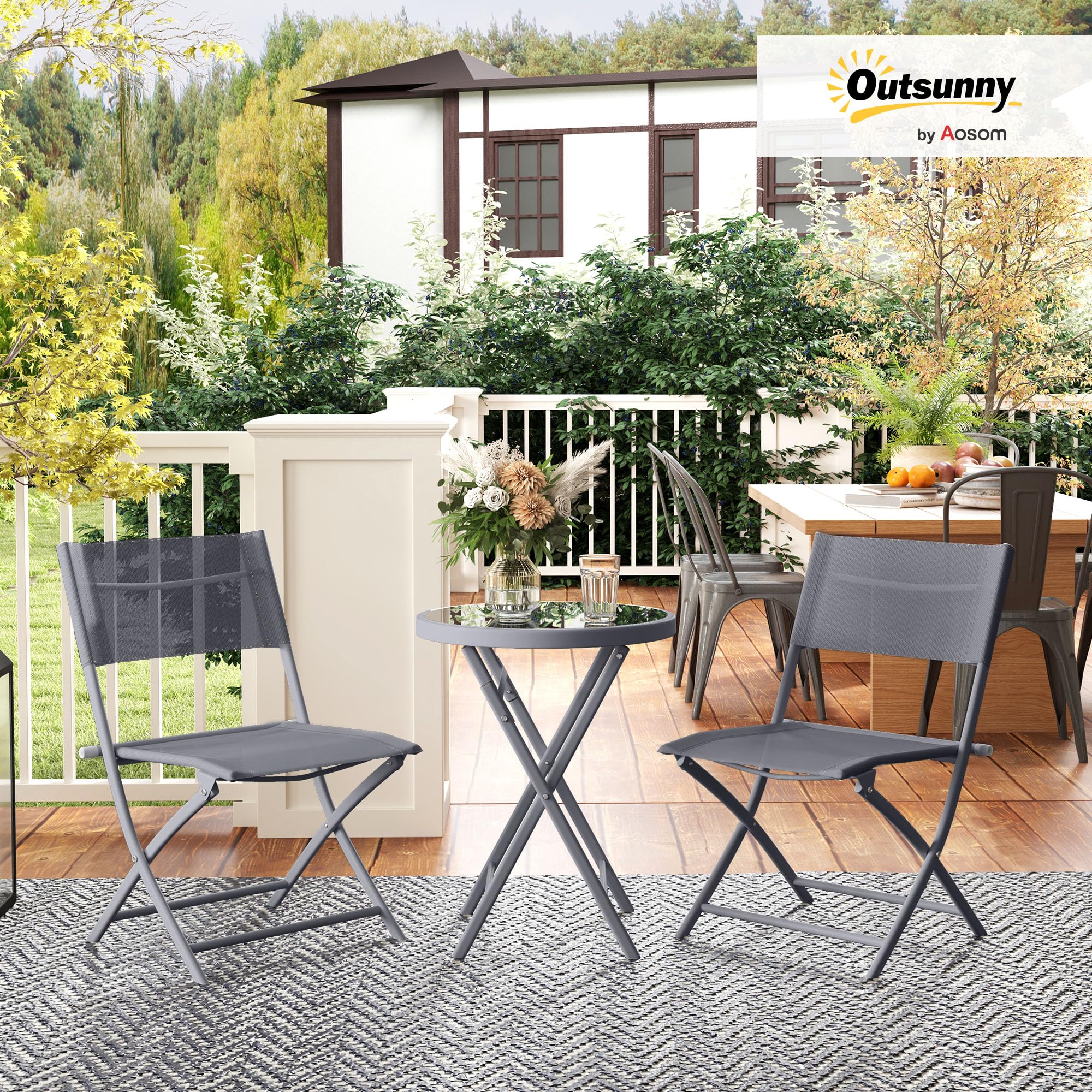 Outsunny Ensemble de bistrot 3 pièces Pliable en métal, 2 chaises et 1 Table Ronde, Salon de Jardin extérieur 2 Personnes, Table de Jardin extérieur avec chaises pour Jardin, terrasse, Balcon, Gris