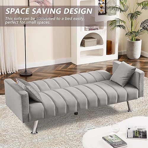 Miniatura 6 de AWQM Futon Sofa Bed, Upholstered Convertible Sofa Bed with 2 Pillows, Modern Sleeper Sofa Couch Recliner with Wooden Frame and Metal Legs,