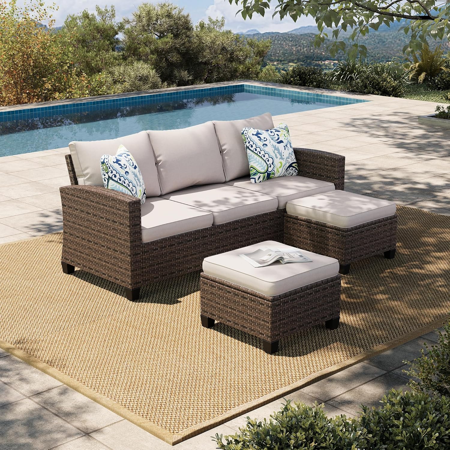 Small Patio Furniture Set, L-Shaped Patio Couch Set with Ottomans, Modular Outdoor Sofa Set for Deck Garden Backyard Porch, Beige