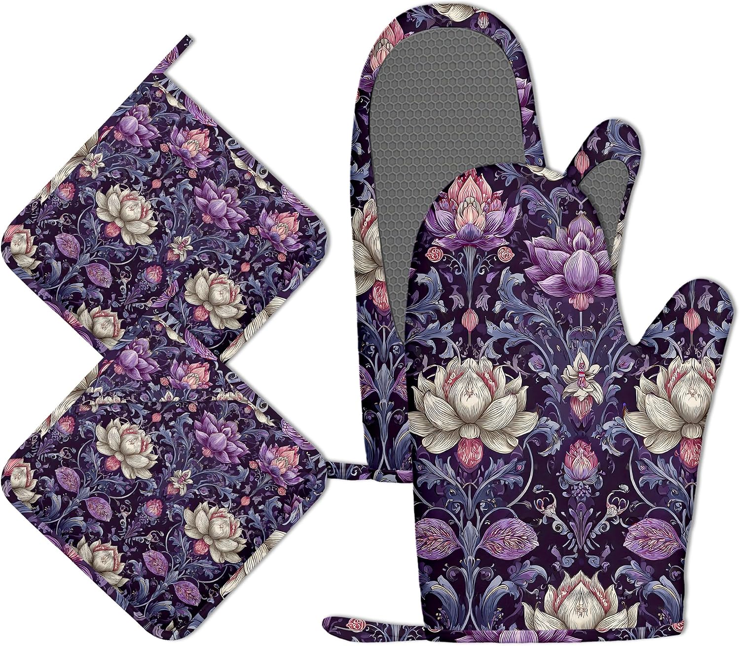 Oven Mitts and Pot Holders Boho Vintage Flower Silicone Kitchen Accessories Set of 4 Heat Resistant Gloves Potholder Non-Slip Grip for Chef Cooking Baking Grilling BBQ