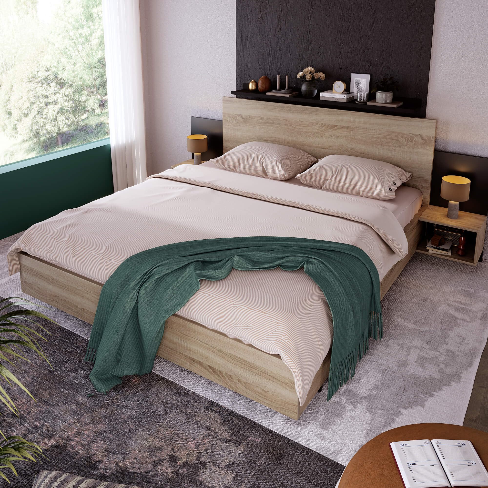 HYUB Schlafzimmer Komplett Set, Doppelbett Holzbett 160x200cm mit 2 Nachtkommoden und Holz Lattenrost, Schlafzimmer Komplett Set, Bettrahmen aus Stabiler Massivholz, für Schlafzimmer Gästezimmer