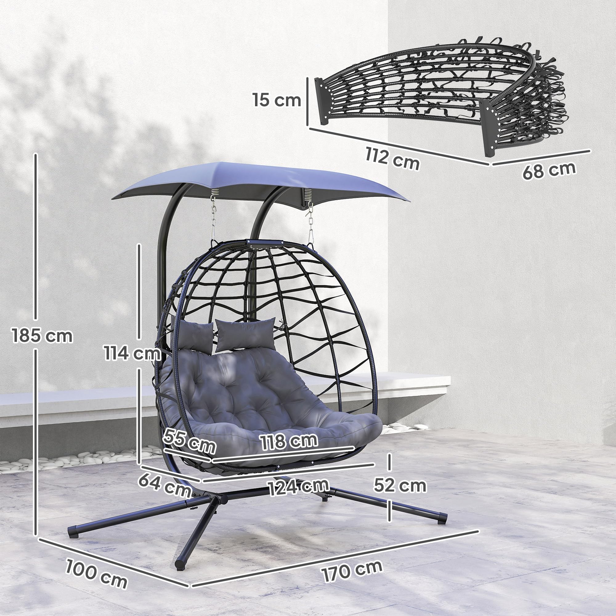 Outsunny Hängesessel mit Gestell faltbar für 2 Personen 260kg Dunkelgrau | Hängekorb mit Kissen, Sonnenschutzdach, Polyrattan Hängestuhl, Outdoor Hängeschaukel, Sessel für Balkon Terrasse