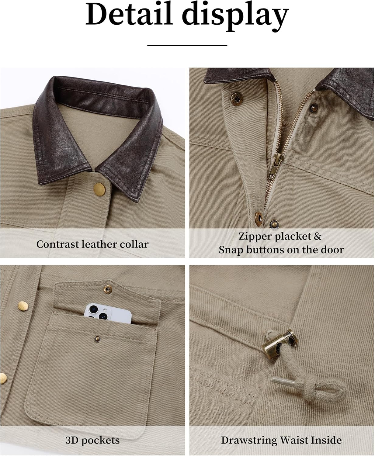 Barn Jackets for Women Contrast Collar Utility Jacket Zip Up Drawstring Waist Barn Coat 2025 with Pockets - Image 7