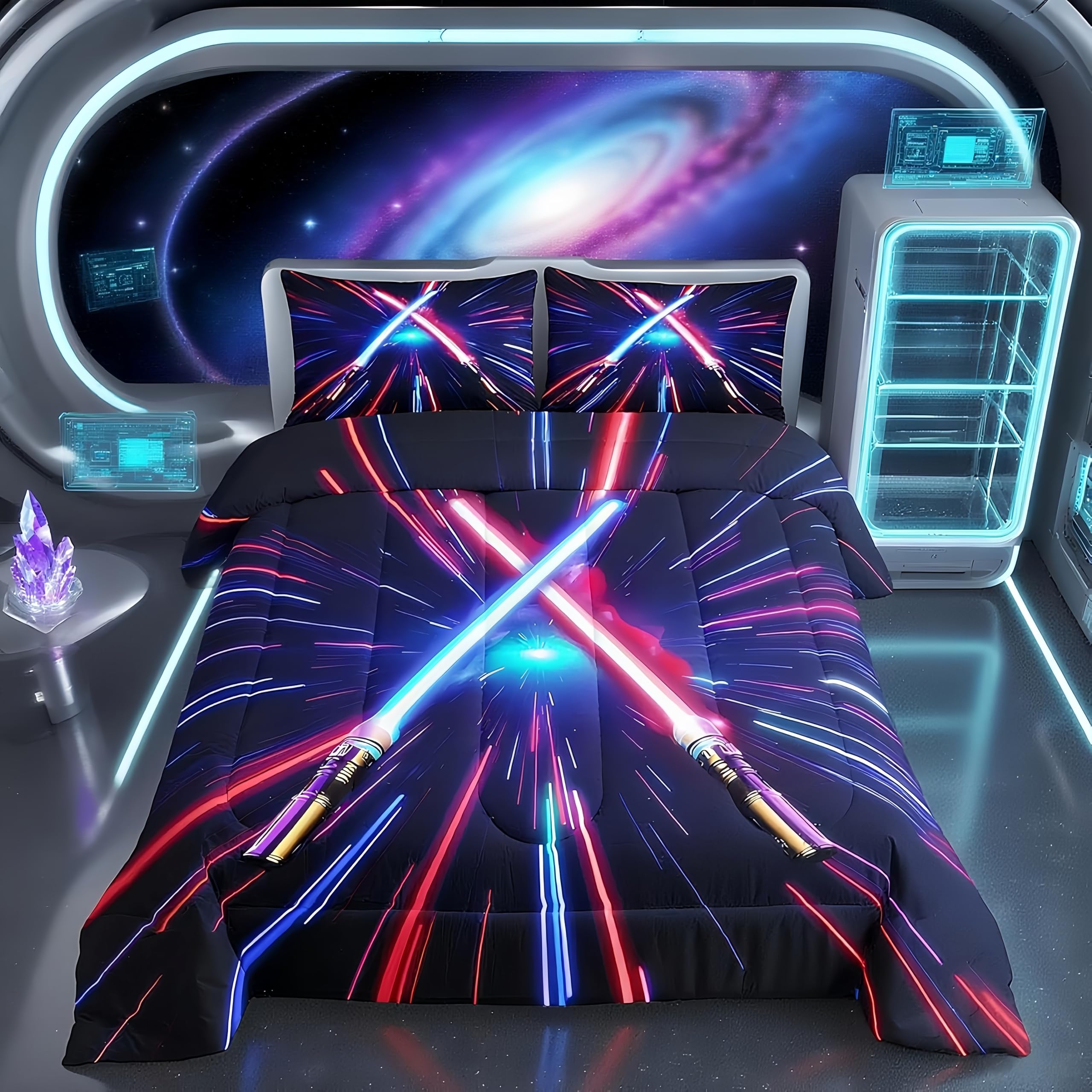 Lightsaber Comforter Set Twin Size,Geometric Lines Gradient Bedding Set 2pcs for Kids Teens Boys Girls Room Decor, Future Technology Metaverse Quilt Set Red Blue Duvet Insert with 1 Pillowcase