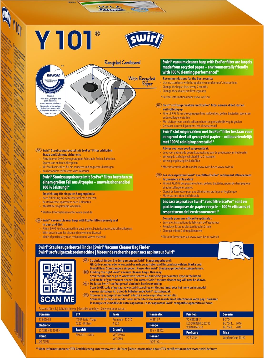 SWIRL SAC D'ASPIRATEUR Y 101, AVEC FILTRE MICROPORPLUS