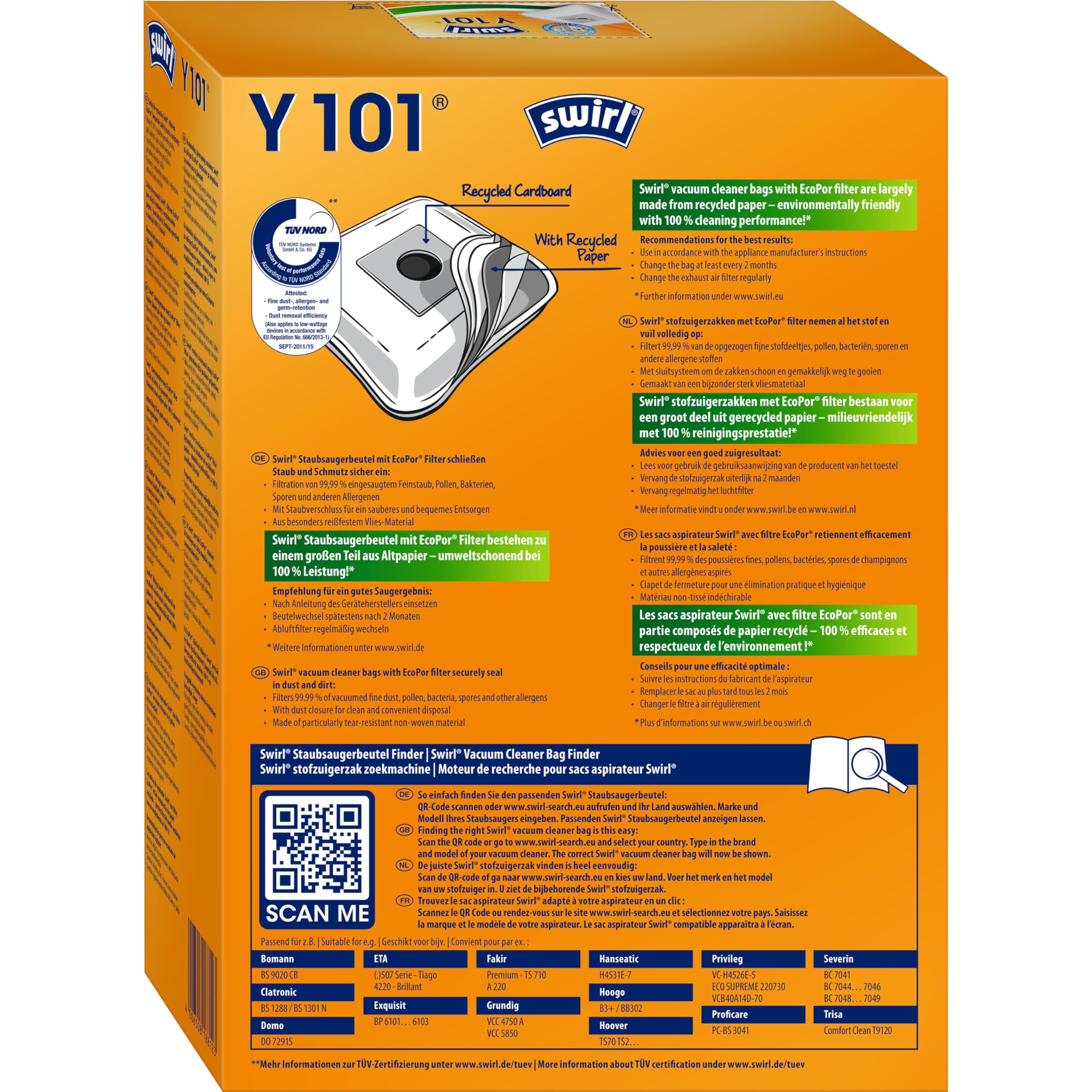 Swirl 3942432 Y101 Micropor Plus Worki Do Odkurzacza Aeg Dirt Devil Grundig, 4 Sztuki, Biały