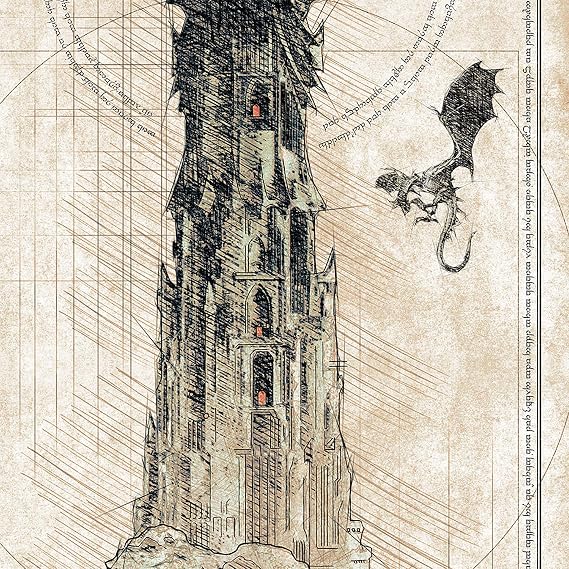 LOTR - Sauron's Tower - Barad Dur - Da Vinci Style Sketch print - 11.75x36