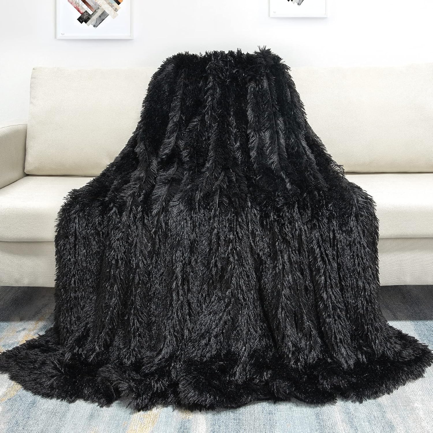 Tuddrom Decorative Extra Soft Faux Fur Blanket Twin Size 70" x78",Reversible Fuzzy Lightweight Long Hair Shaggy Fleece Blanket,Fluffy Cozy Plush Comfy Microfiber Throw Blanket for Couch Sofa Bed,Black - Image 2