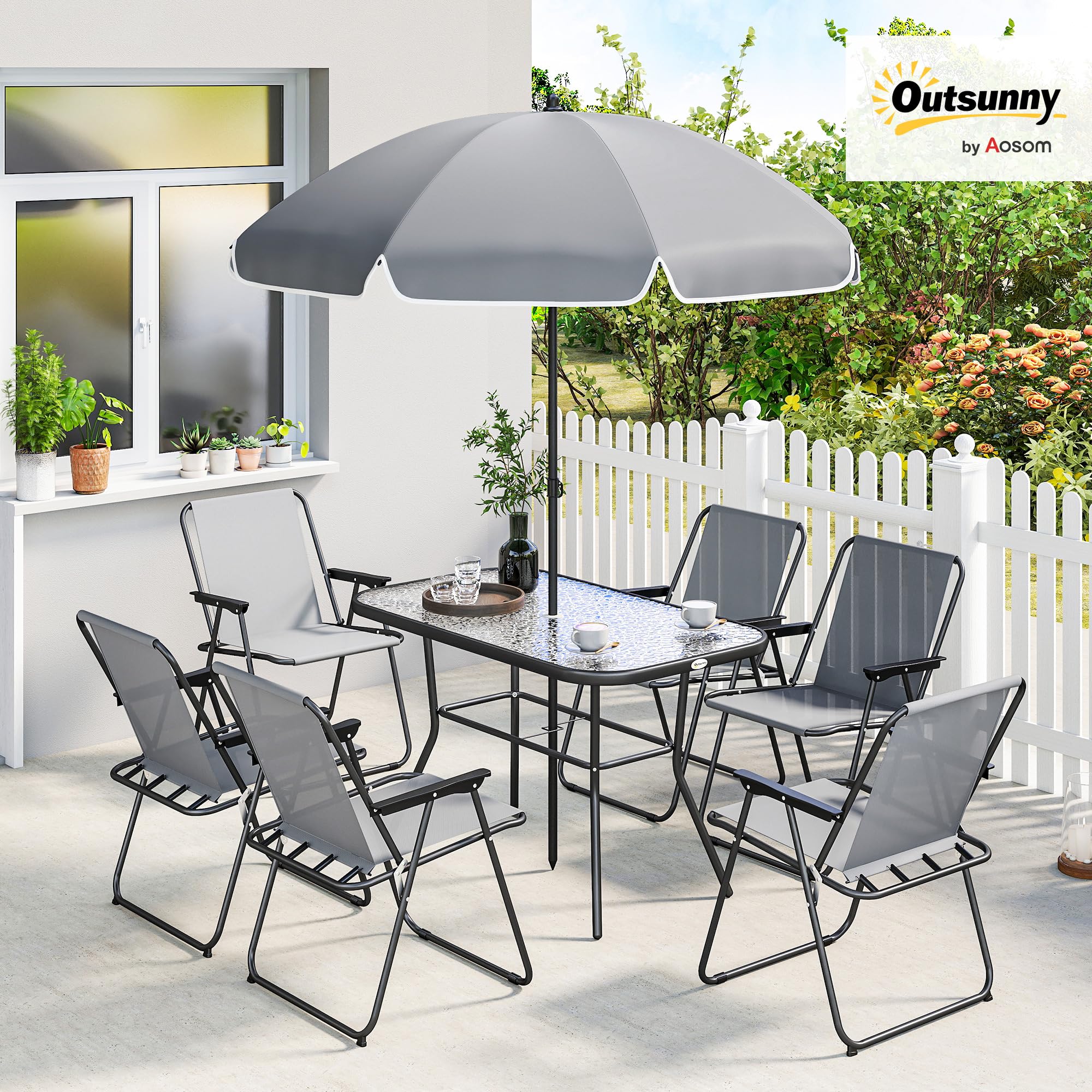 Outsunny Salon de jardin extérieur 8 pièces, table de jardin extérieure avec 6 chaises Pliantes et parasol, plateau en Verre Trempé, structure en acier anti-rouille, mobilier de jardin, terrasse, Gris