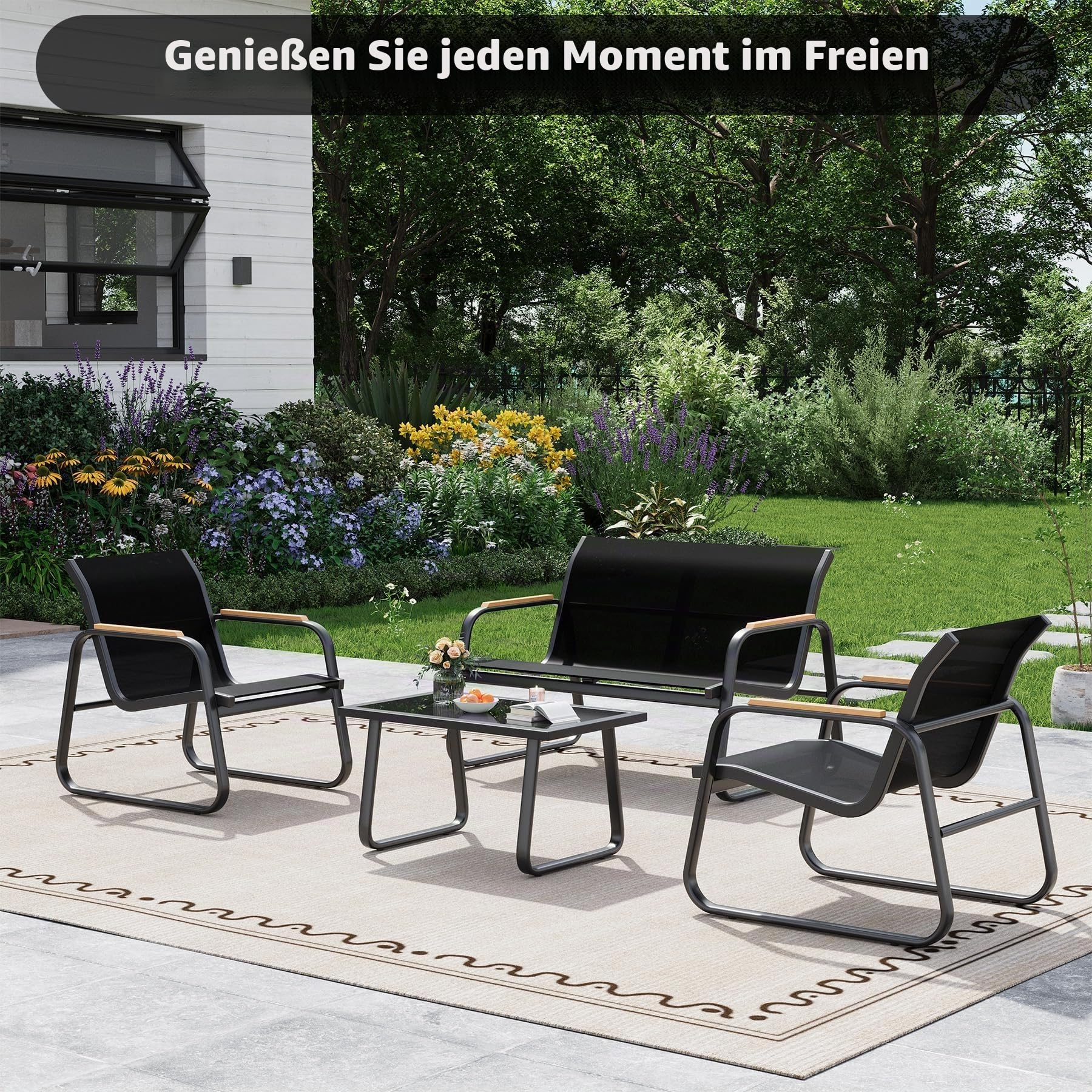 4 Teiliges Outdoor Gartenmöbel Set, Sofa, 2 Sessel & Glastisch Langlebig | Aus Stahl ,Wetterfestes Von Balkonmöbel,Für Garten, Balkon Oder Terrasse,Einfache Montage