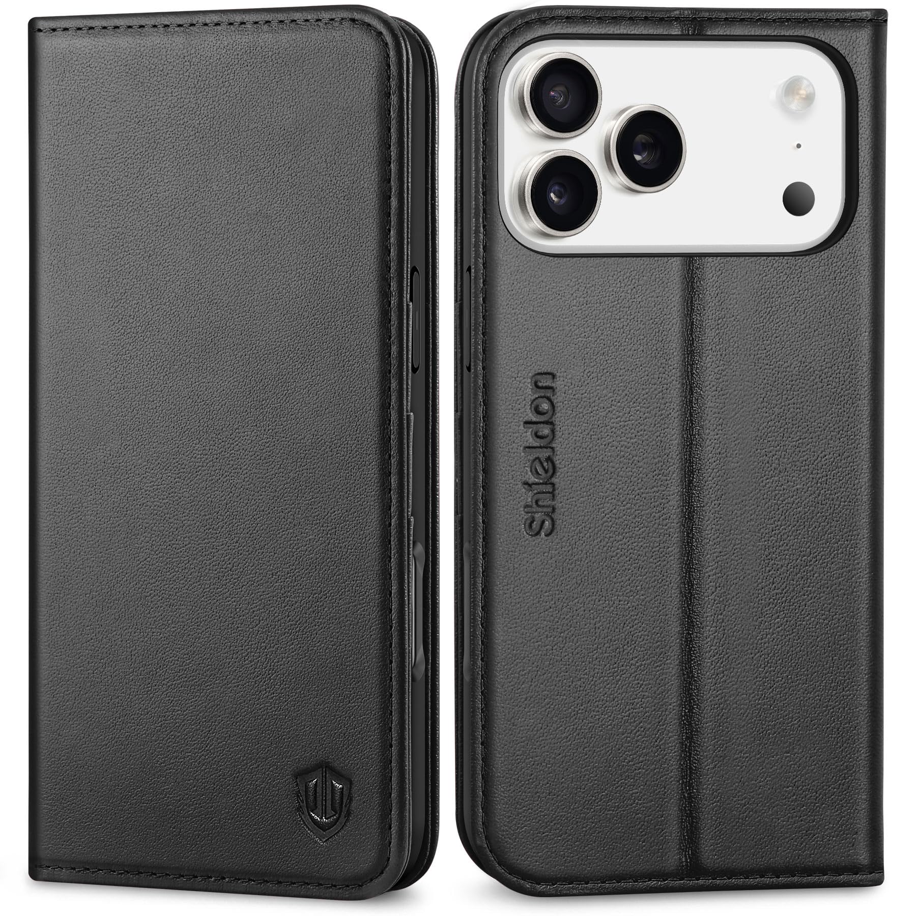 SHIELDON Hoesje voor iPhone 16 Pro 6,3, Echt Leer Flip Portemonnee met Kaarthouder [RFID-blokkering][Kickstand][Schokvaste TPU-behuizing] Magnetische Folio Hoes Compatibel met iPhone 16 Pro 5G 2024