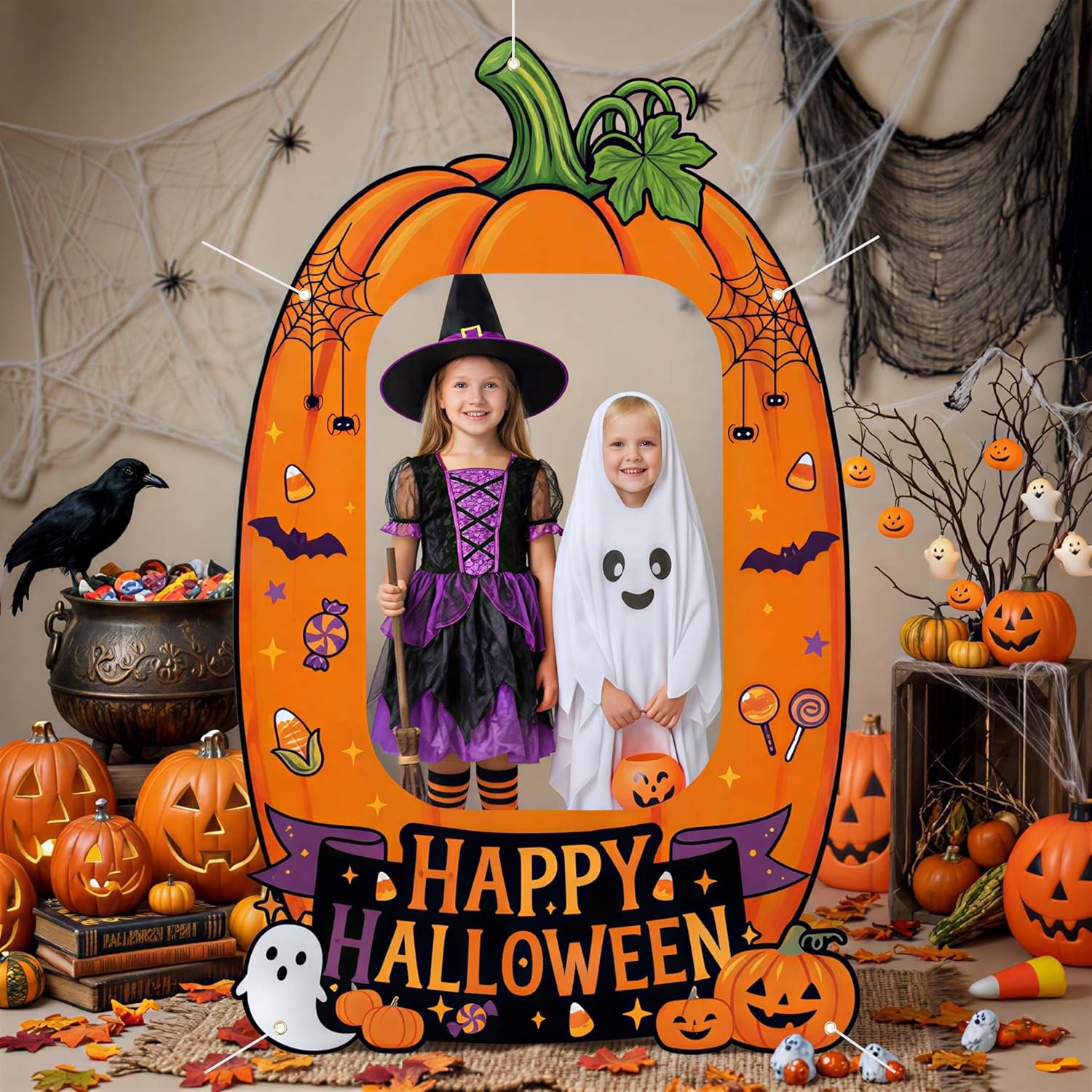 Giant Halloween Photo Booth Props 62x38.6 Inch, Pumpkin Picture Frame Cutout with 10M Ribbon, Happy Halloween Backdrop for Kids Trick or Treat Party Supplies Outdoor Indoor Decorations