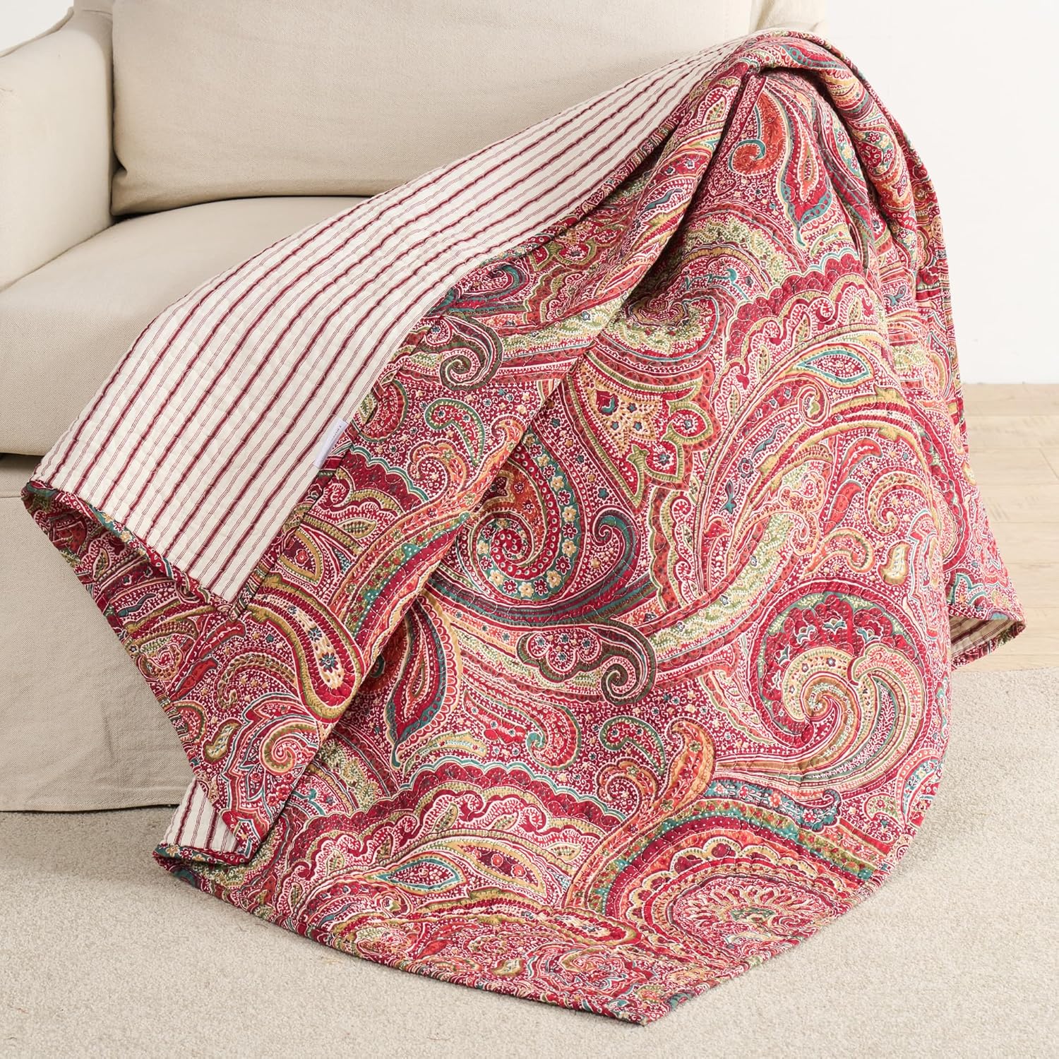 Levtex Home - Spruce Red - Quilted Throw - 50x60in. - Paisley Pattern in Burgundy, Red, Tan, Grey - Reversible Pattern - Cotton Fabric