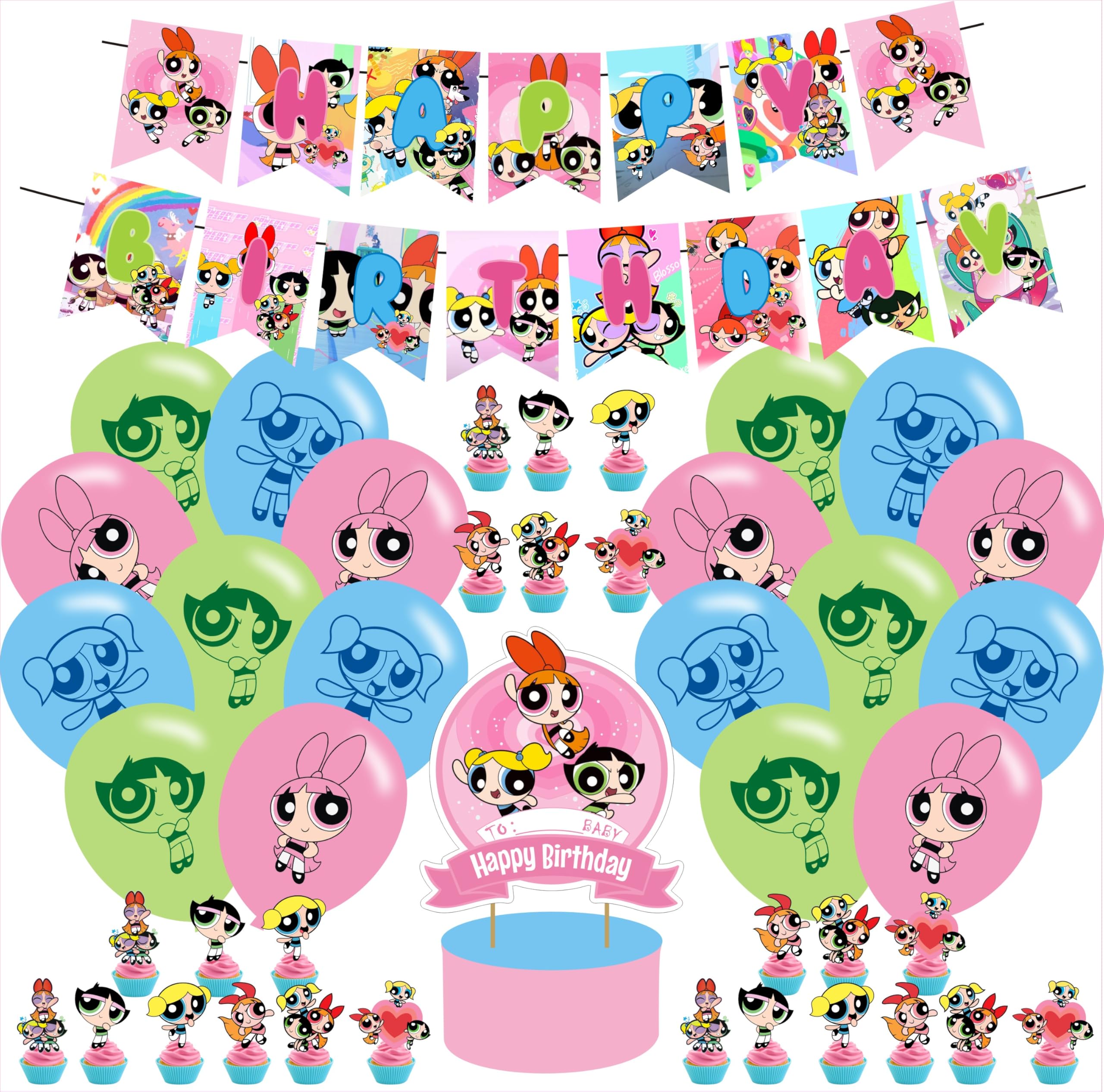 Girls of Birthday Party Decorations ,Power Girls Birthday Party Favor with Banner, Cake Topper, Cupcake Toppers, Balloons for Fans Party Supplies