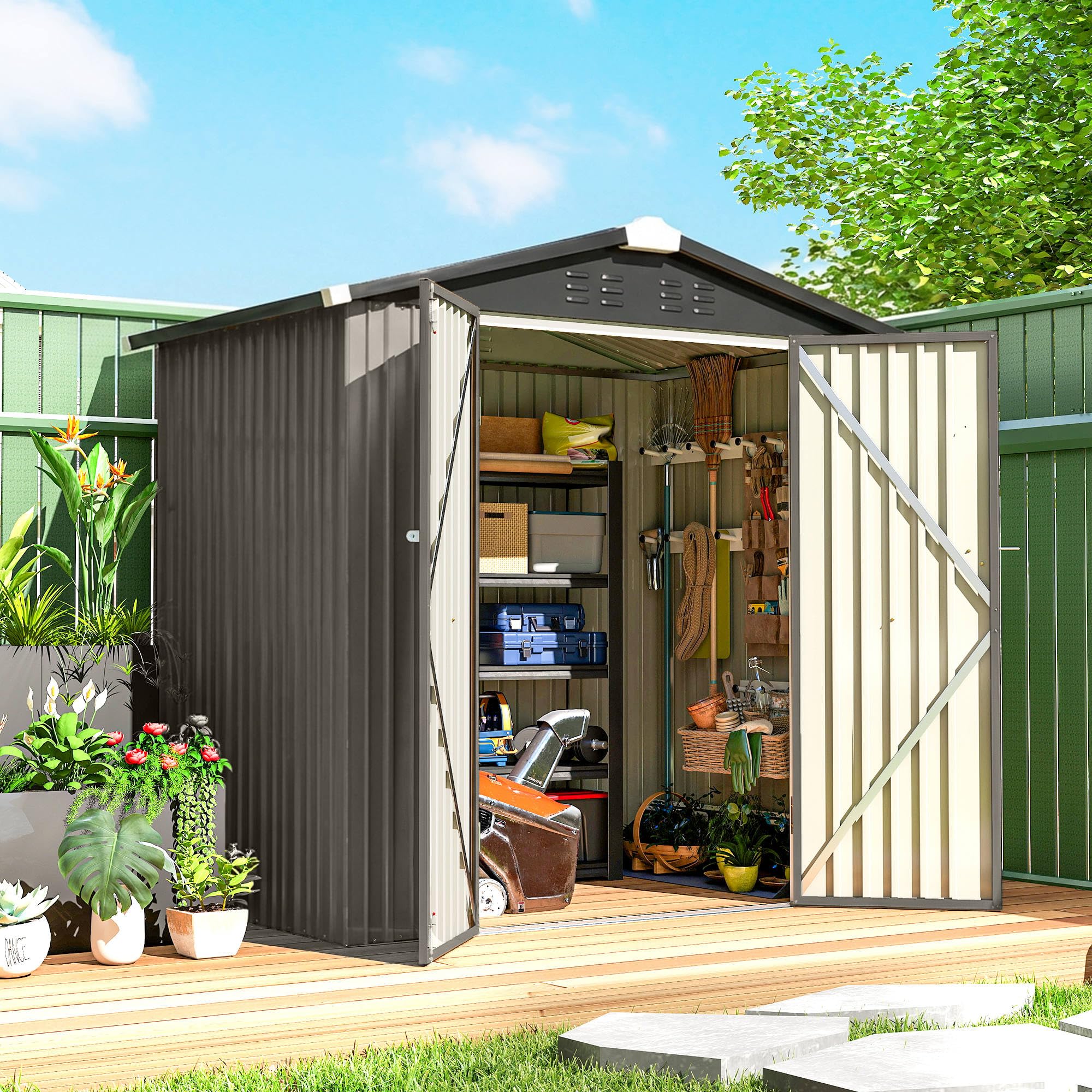 Outsunny 6.5' x 4' Outdoor Storage Shed, Metal Garden Shed with Lockable Double Doors, 4 Vents, Tool Storage House for Outdoor Patio Yard, Light Grey - 1