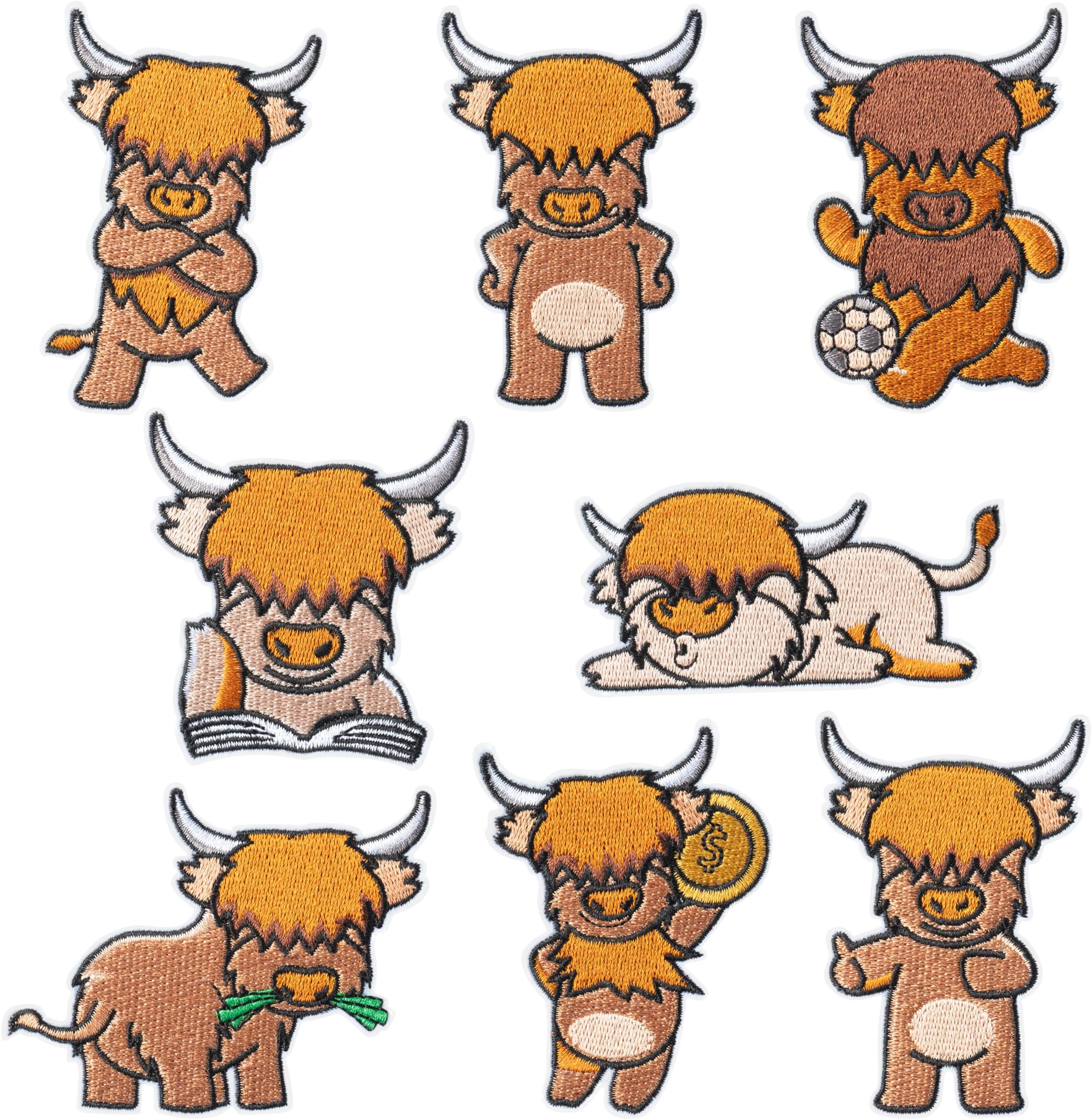 Kirako 8Pcs Highland Cow Iron on Patches Cute Cartoon Animal Embroidered Applique