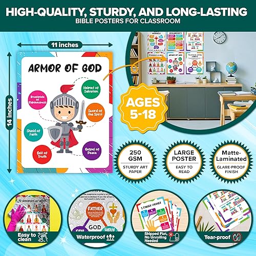Miniatura 2 de Decorably 15 vibrantes pósteres bíblicos para el aula de niños, educativos, decoración laminada mate de 11 x 14 pulgadas, para la escuela, pasillos,