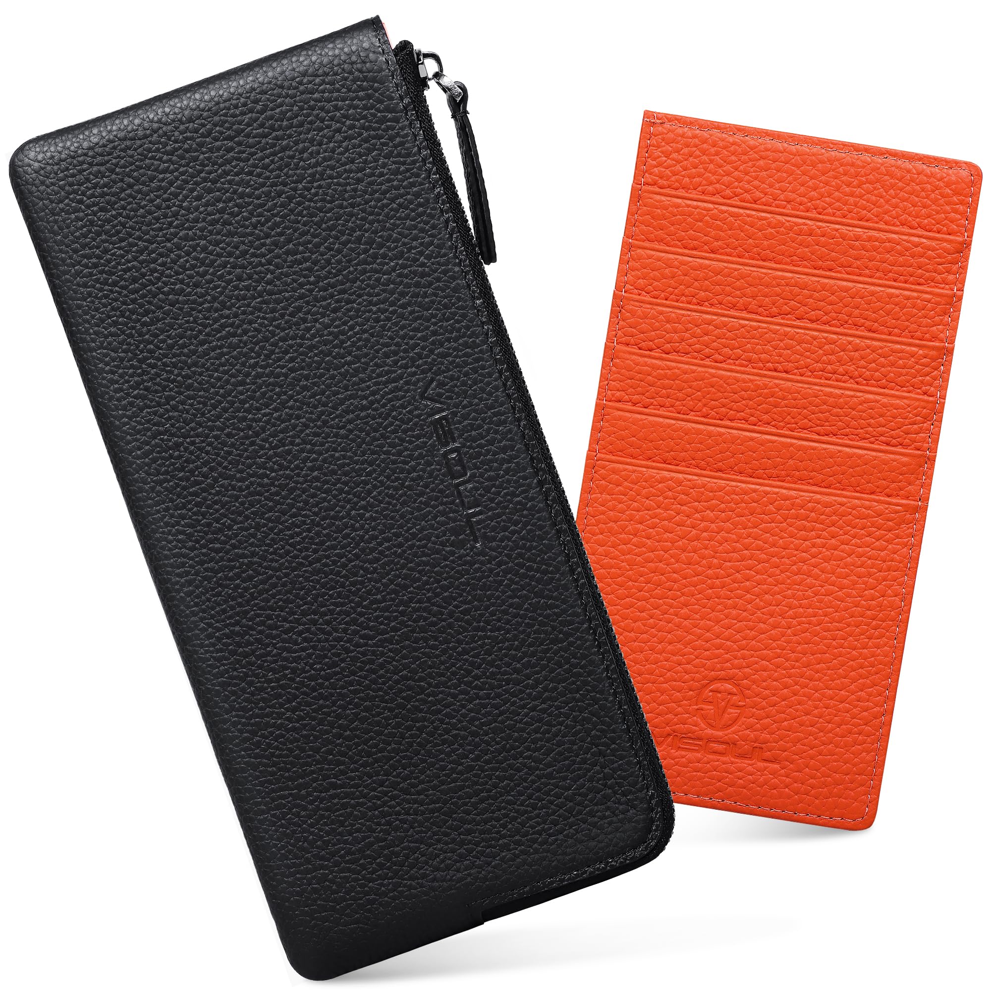 VISOUL Portafoglio lungo con cerniera e porta carte di credito rimovibile, in vera pelle, colore a contrasto, Nero e arancione.