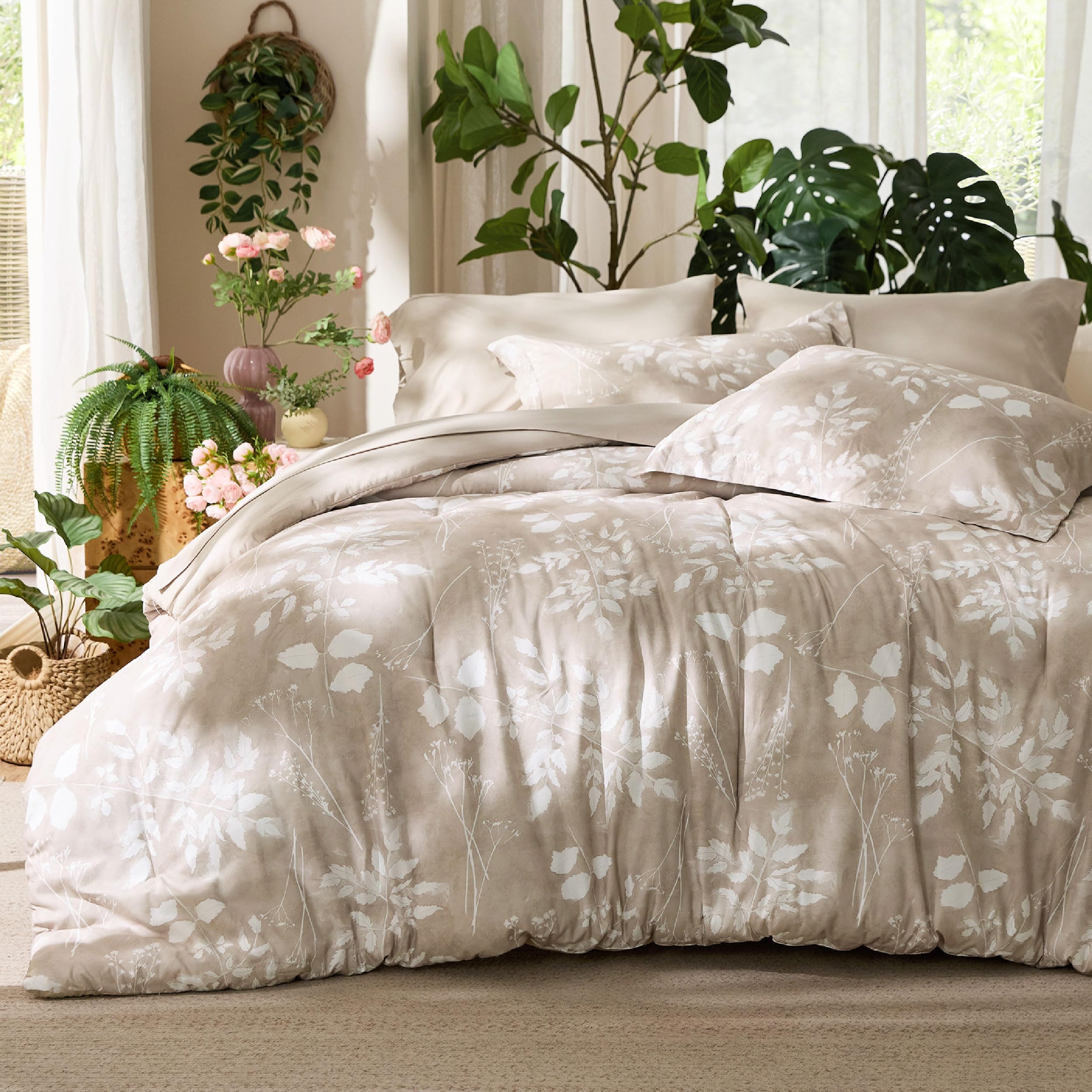 Bedsure Full Size Comforter Set - 7 Pieces Floral Beige Soft Bedding Sets, Full Bed in a Bag with Botanical Flowers Comforter, Sheets, Pillowcases & Shams