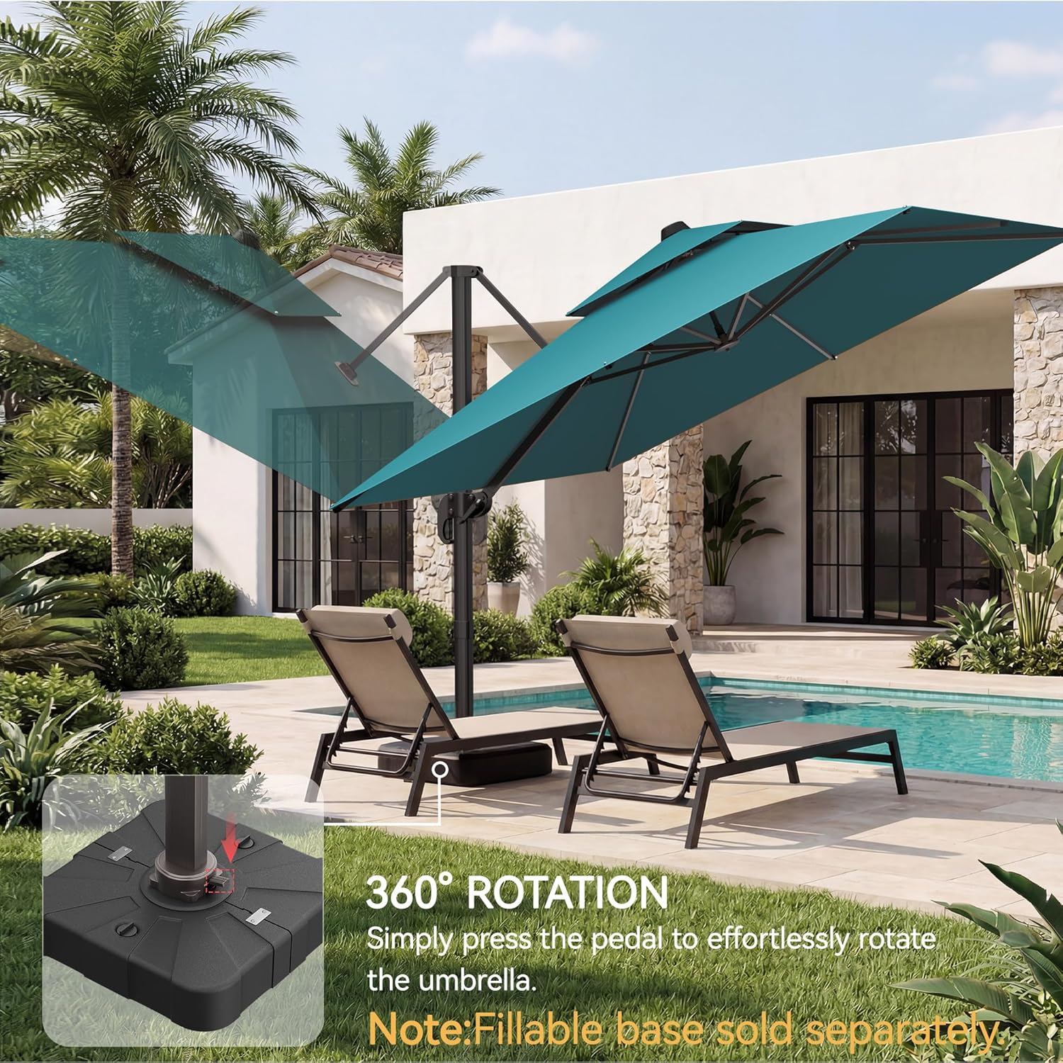 10x10 FT Patio Umbrella, Large Cantilever Double Top Heavy Duty Offset Umbrellas with 360° Rotation, Outdoor shade for Garden Deck Pool, Turquoise