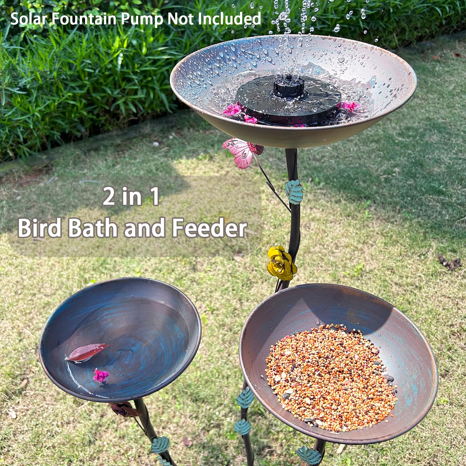 Bain D'Oiseaux En Métal Lourd Avec Station D'Eau Décorative - Mangeoire Robuste Pour Jardin, Patio, Balcon Et Fenêtre D'Appartement