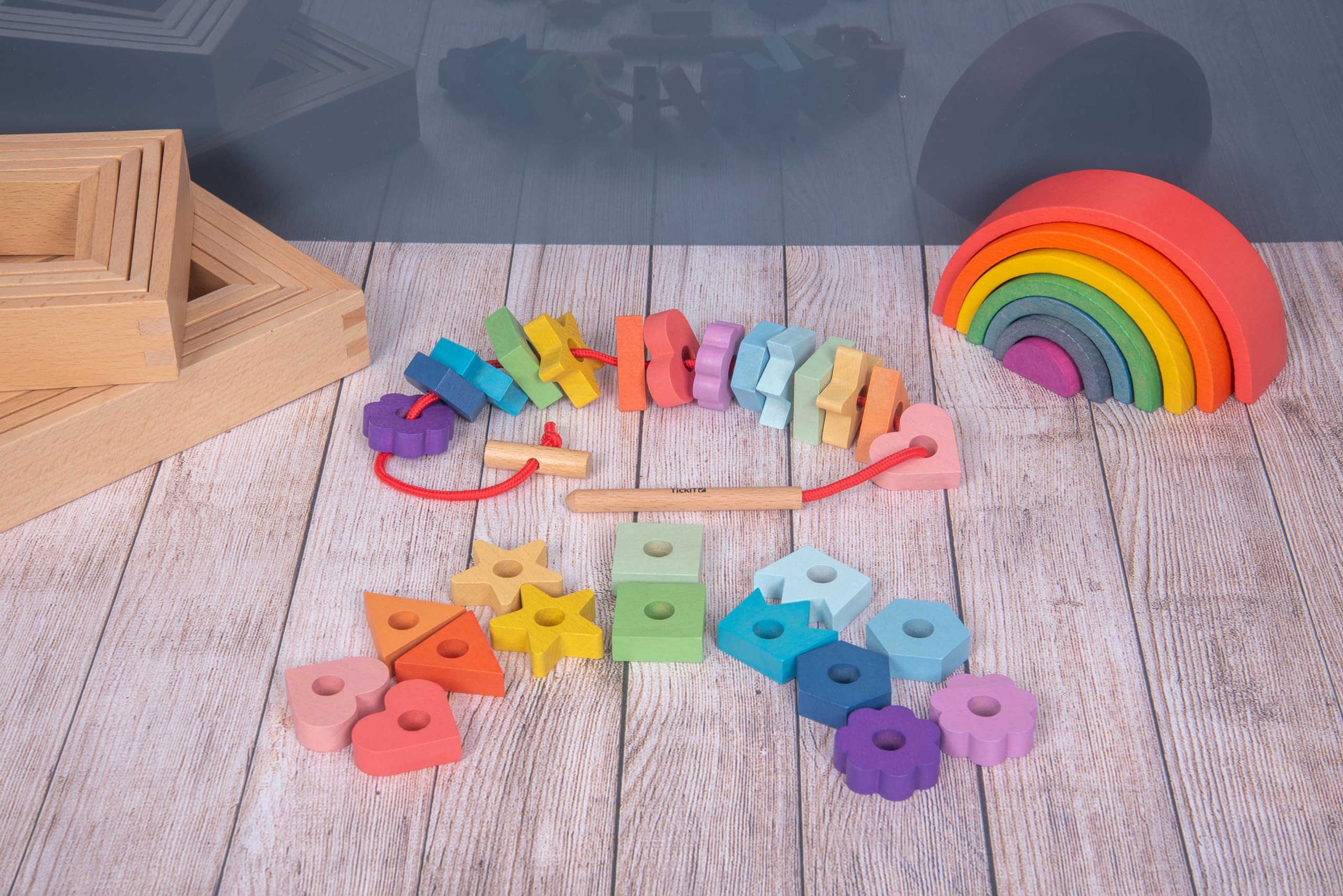 tickit Rainbow Wooden Lacing Shapes, Beechwood Threading Toy for Early Years Enhances Fine Motor Skills and Creativity - Image 2