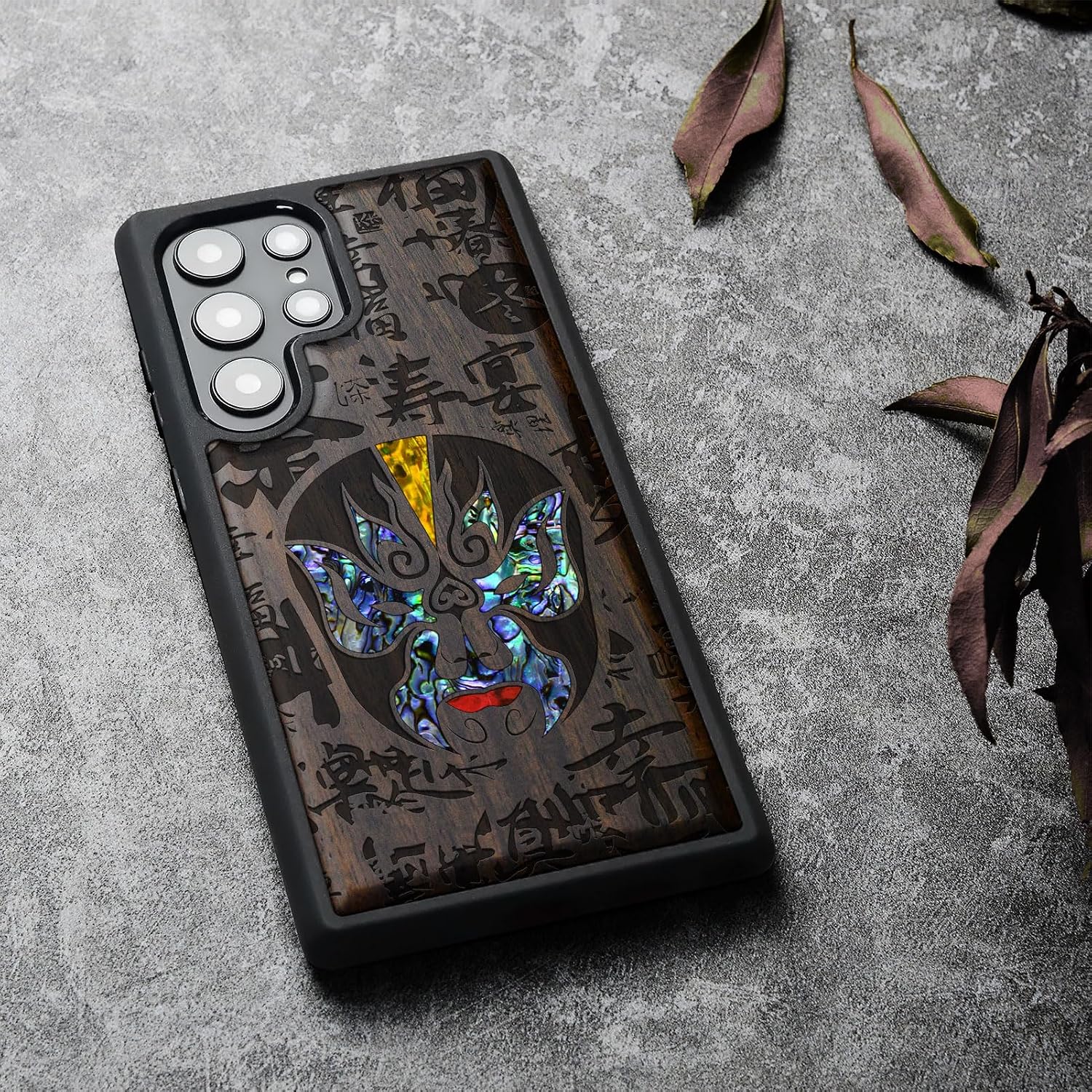 Carveit Designer Wooden Case for Samsung Galaxy S23 Ultra Cover [Wood Engraving & Shell Inlay] Compatible with Wireless Chargers S23 Ultra Case (The Chinese Opera Mask-Blackwood)