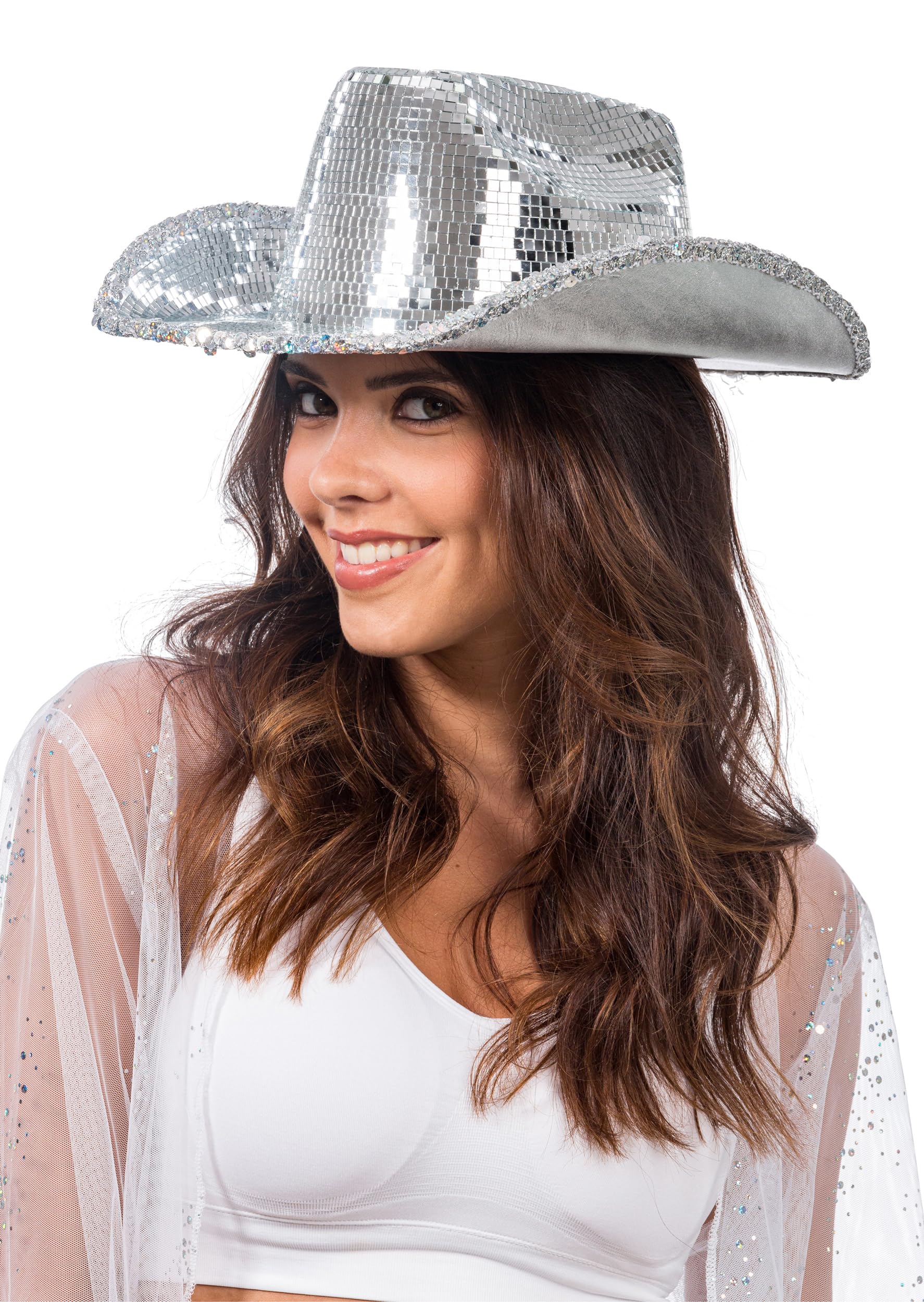 Chaks - Cappello da cowboy con effetto glitter, cappello da discoteca | Accessorio western con effetto palla da discoteca, copricapo per addio al nubilato e Carnevale