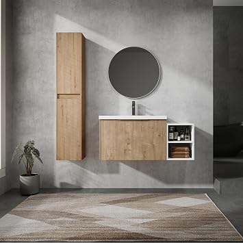 42 inch Bathroom Vanity with Sink Combo Floating Vanity Bathroom w/Single Resin Sink & 1 Open Storage Shelf & 2 Side Cabinet, Wall Mounted Bathroom Vanities Cabinet with Soft-Close Door,Natural Oak